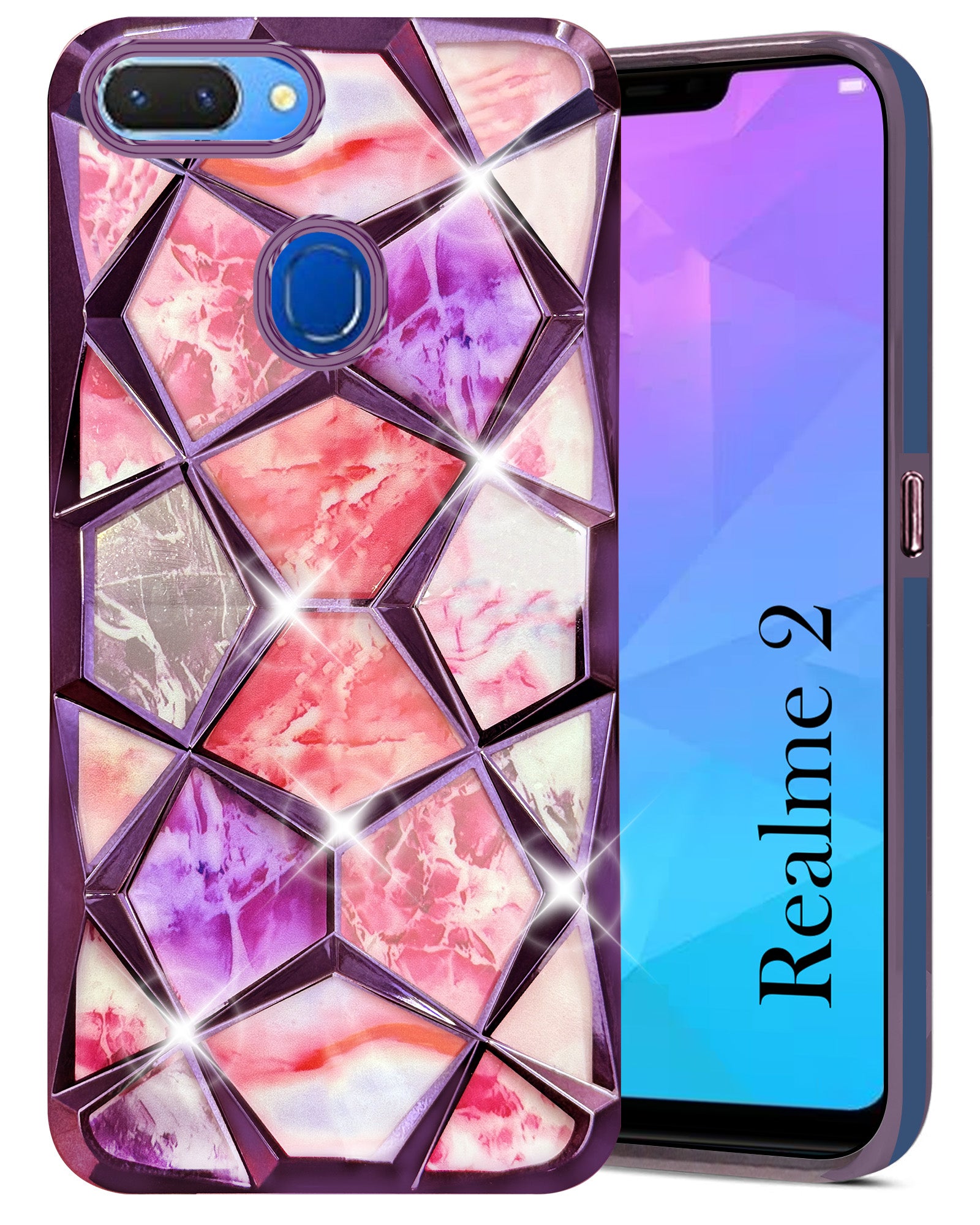 For Realme 2 Back Cover Case (Dual Design Glitter Sparkle and Detachable Diamond Print Case | Soft and Flexible)