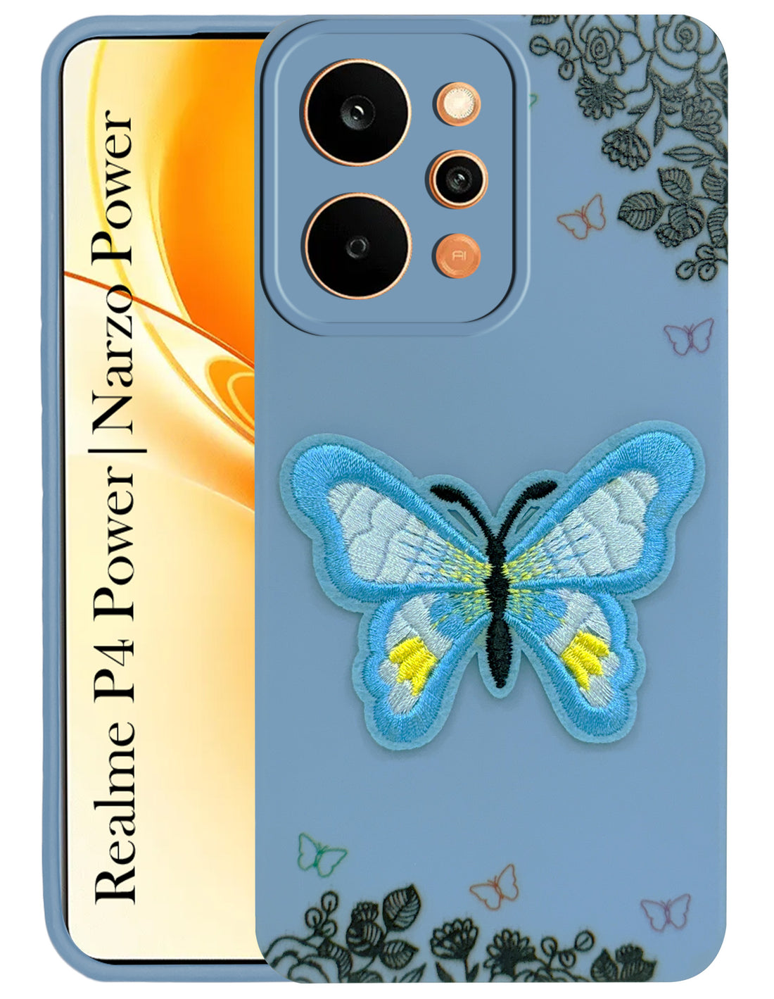 For Realme P4 Power 5G | Realme Narzo Power Back Cover Case (SoFt ButterFly Embroidery | Women Teen Girls | Camera Protection| Matte Silicone)