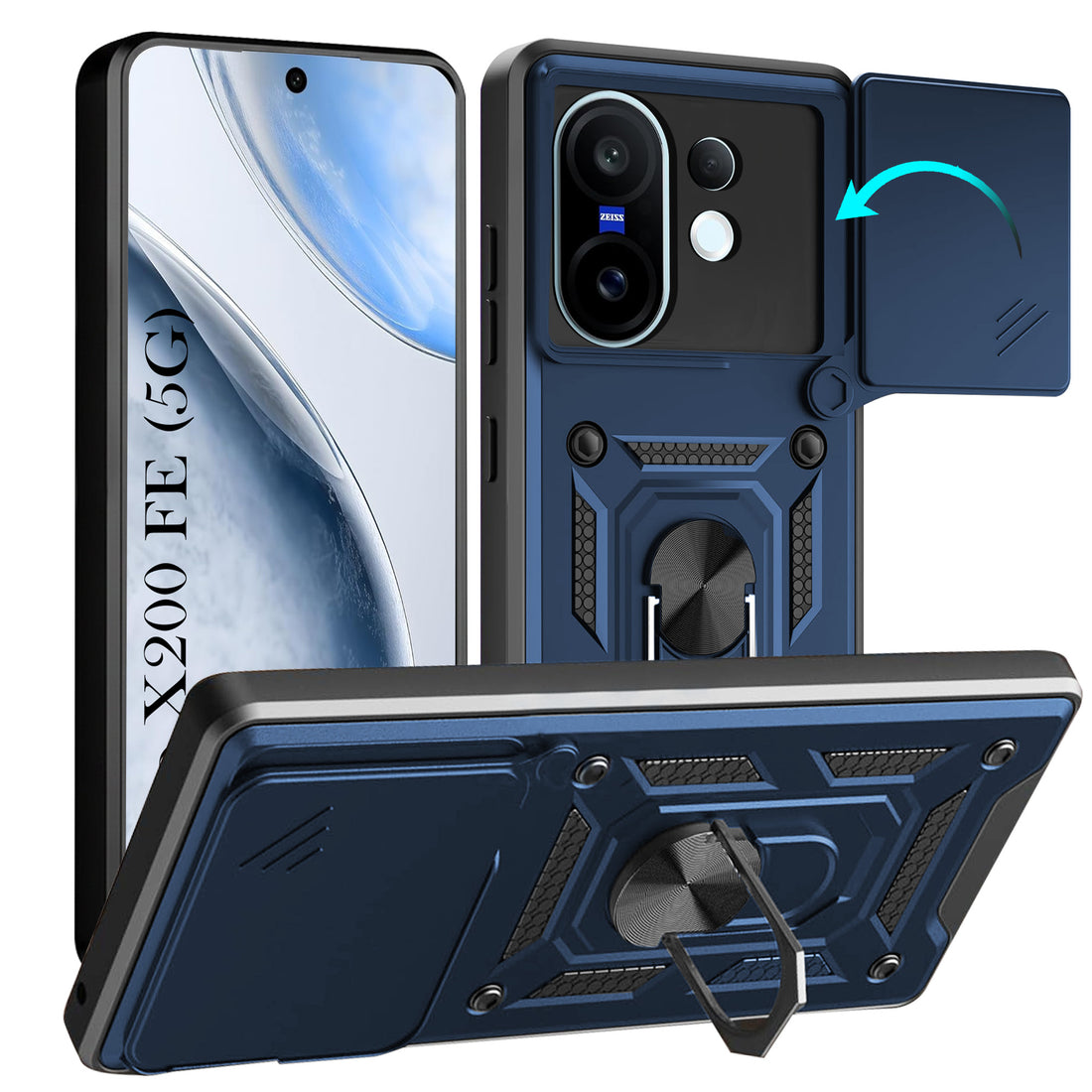 For Vivo X200 FE Back Cover Case (Sliding Shutter Camera Protection | Polycarbonate |Ring Holder Kickstand)