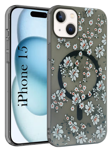 For Apple iPhone 15 Back Cover Case (Cute Floral Design | Flower Print for Girls | MagSafe Compatible Wireless Charging)