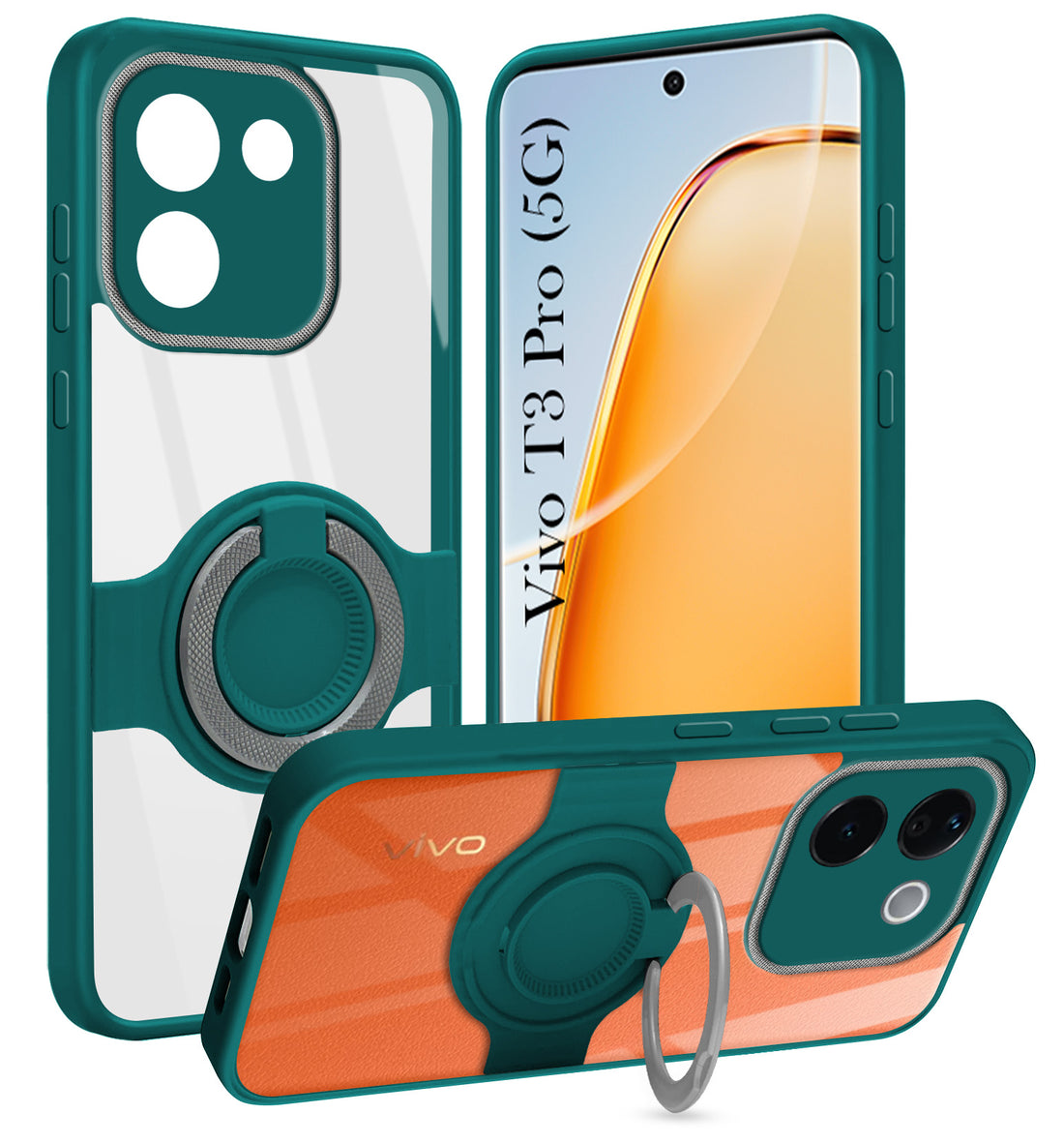 For Vivo T3 Pro Back Cover Case with stand (Built-in Ring Holder Kickstand | Lifetime Anti Yellow | Camera Protection)