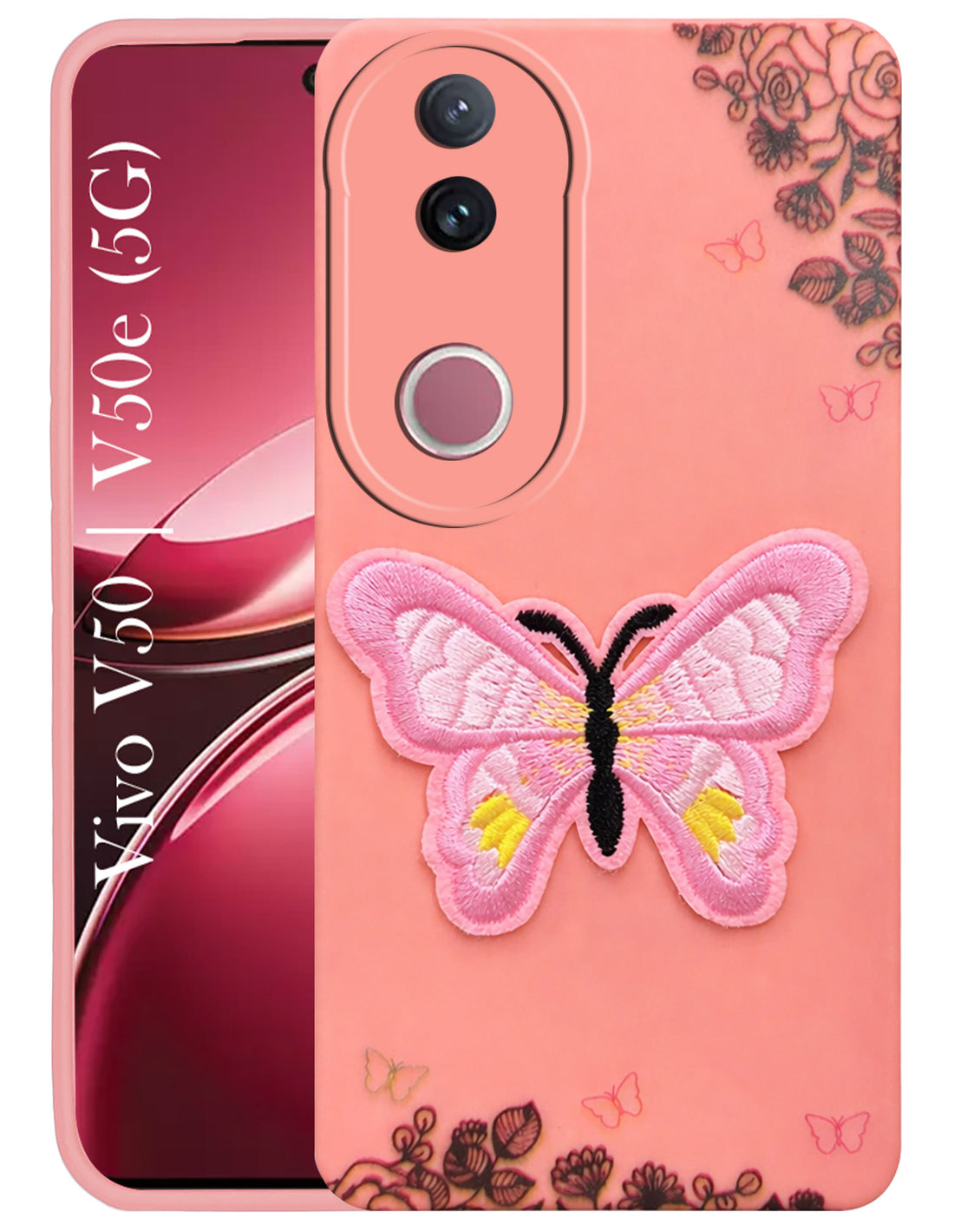 For Vivo V50 | Vivo V50e Back Cover Case (Soft Butterfly Embroidery | Women Teen Girls | Camera Protection| Matte Silicone)