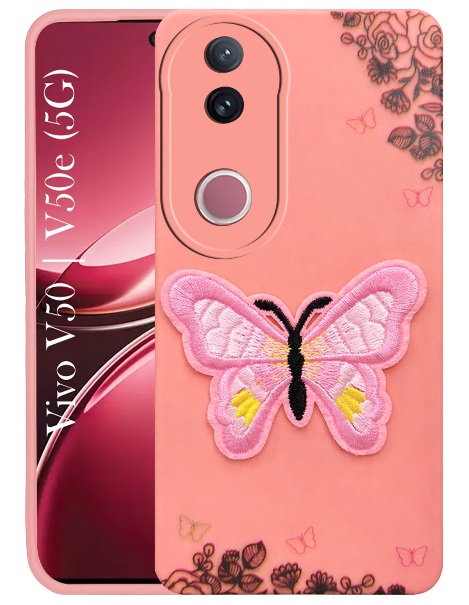 For Vivo V50 | Vivo V50e Back Cover Case (Soft Butterfly Embroidery | Women Teen Girls | Camera Protection| Matte Silicone)