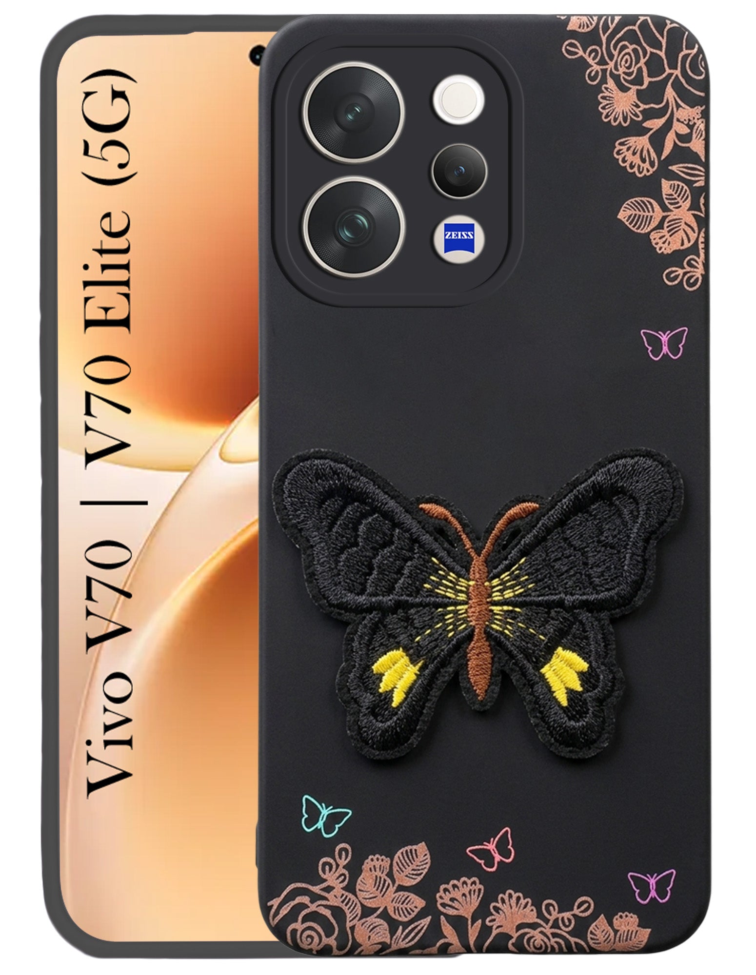 For Vivo V70 | Vivo V70 Elite 5G Back Cover Case (Soft Butterfly Embroidery | Women Teen Girls | Camera Protection| Matte Silicone)