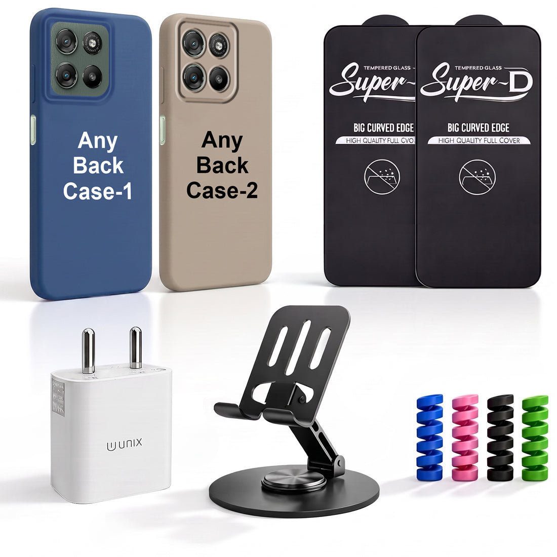 Complete Mobile Care Kit (Get Any 2 Cases+2 Tempered Glass+25W Charger Adapter+Metallic Mobile Stand+Cable Protector)