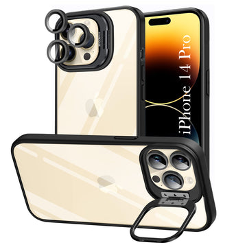 For Apple iPhone 14 Pro Back Cover Case (Camera Lens Glass | Metal Stand Holder | Shockproof Hybrid | Anti Yellow |)