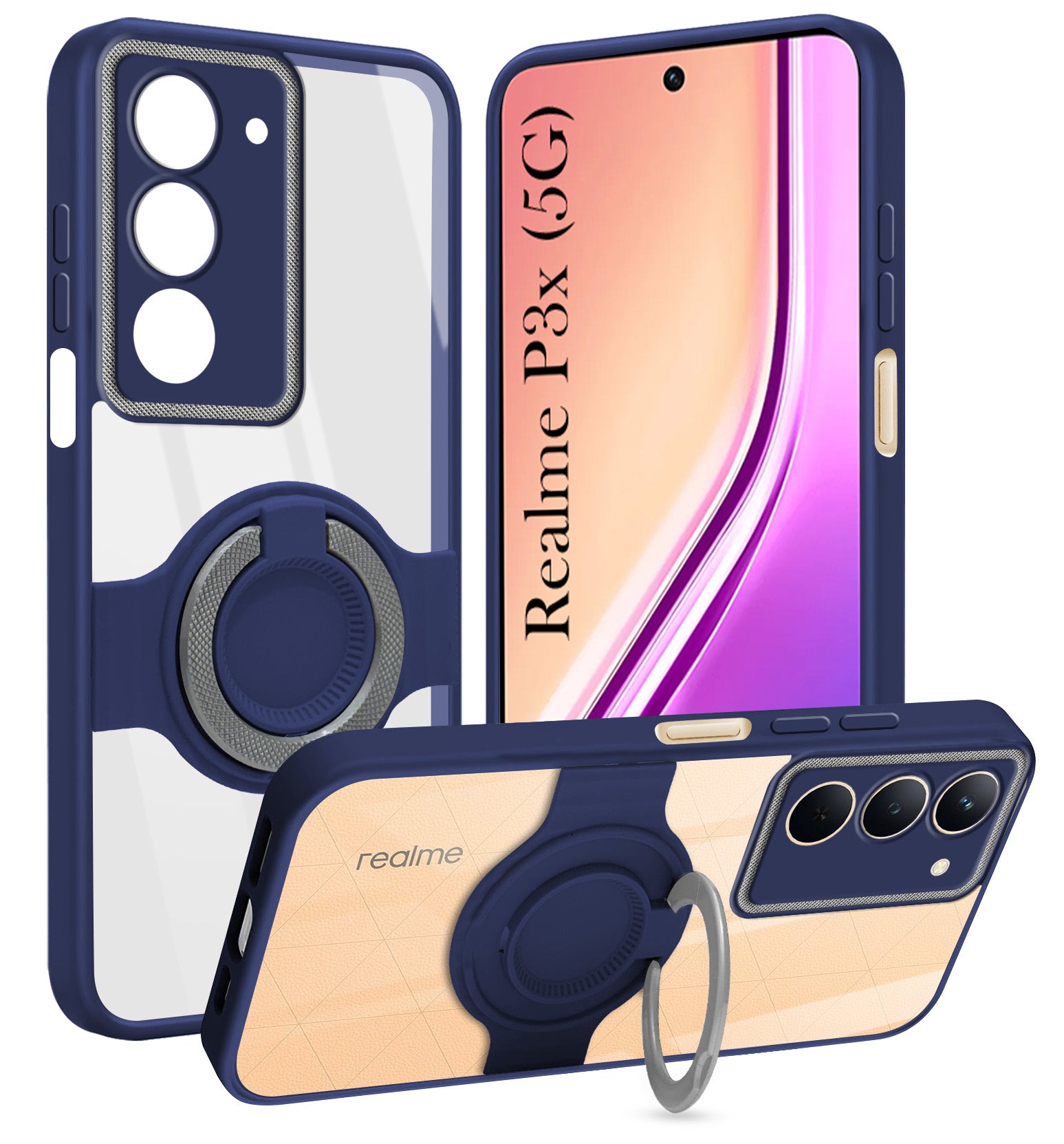 For Realme P3x Back Cover Case with stand (Built-in Ring Holder Kickstand | Lifetime Anti Yellow | Camera Protection)