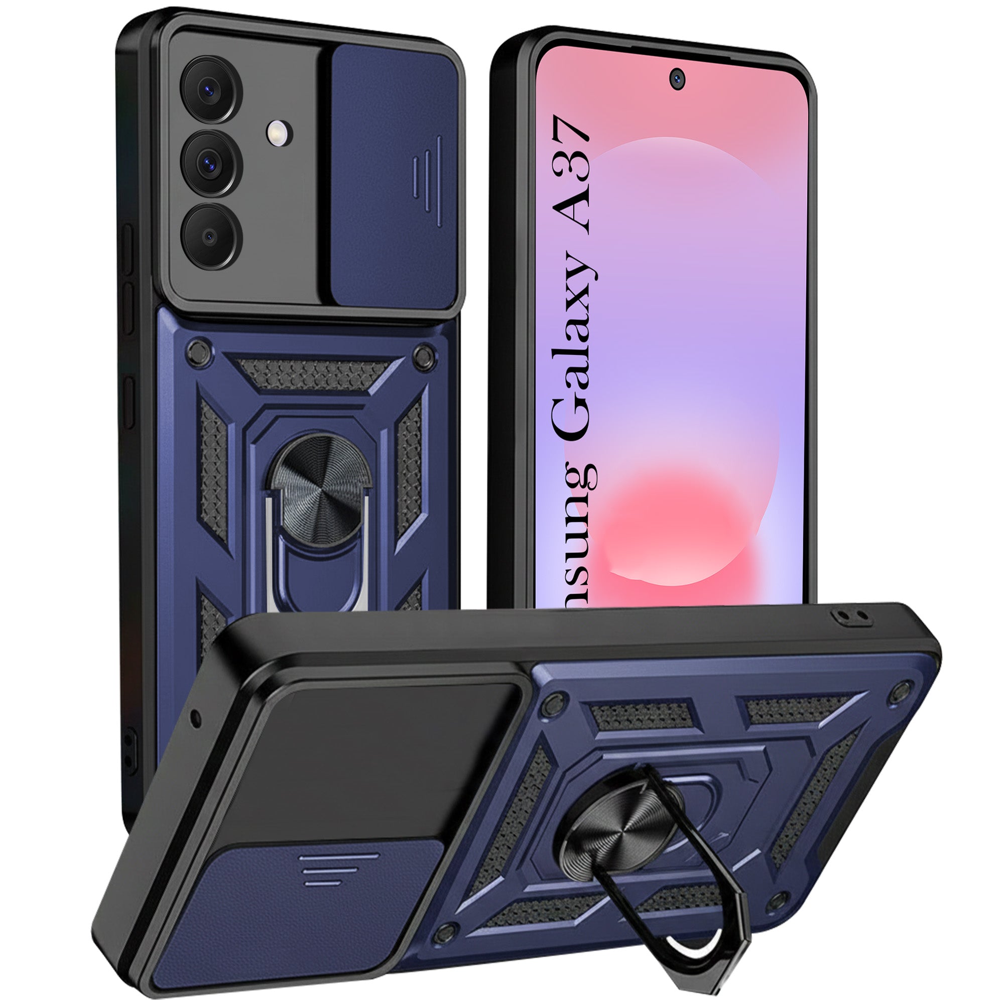 For Samsung Galaxy A37 5G Back Cover Case Hybrid Armor (Sliding Shutter Camera Protection | Polycarbonate |Ring Holder Kickstand)
