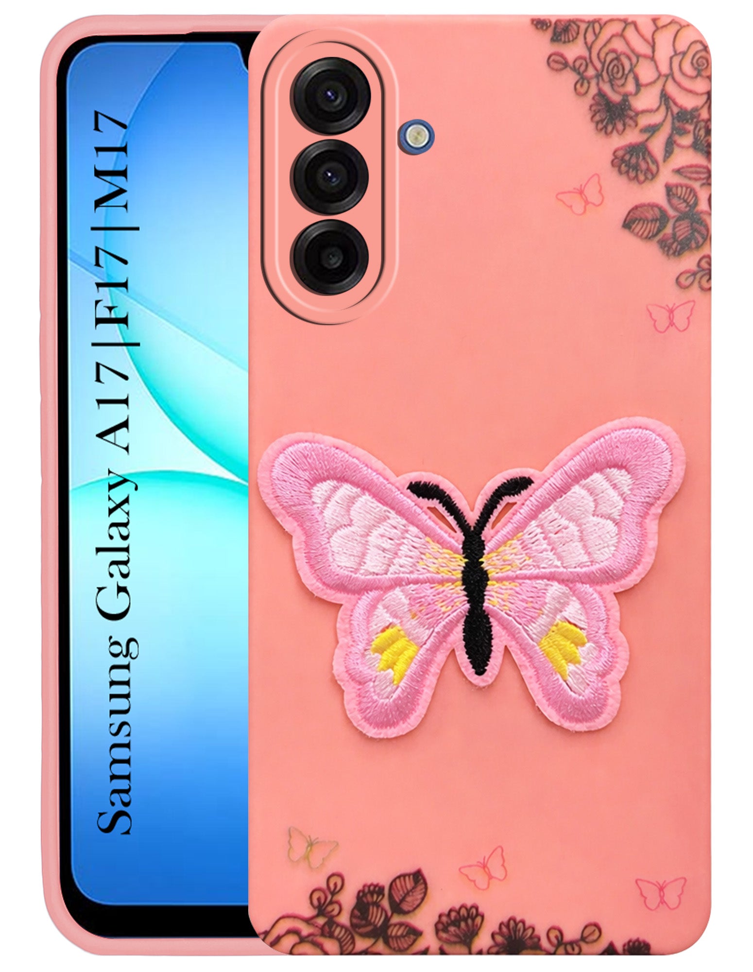 For Samsung Galaxy A17 | Samsung F17 | Samsung M17 5G Back Cover Case (Soft Butterfly Embroidery | Women Teen Girls | Camera Protection| Matte Silicone)