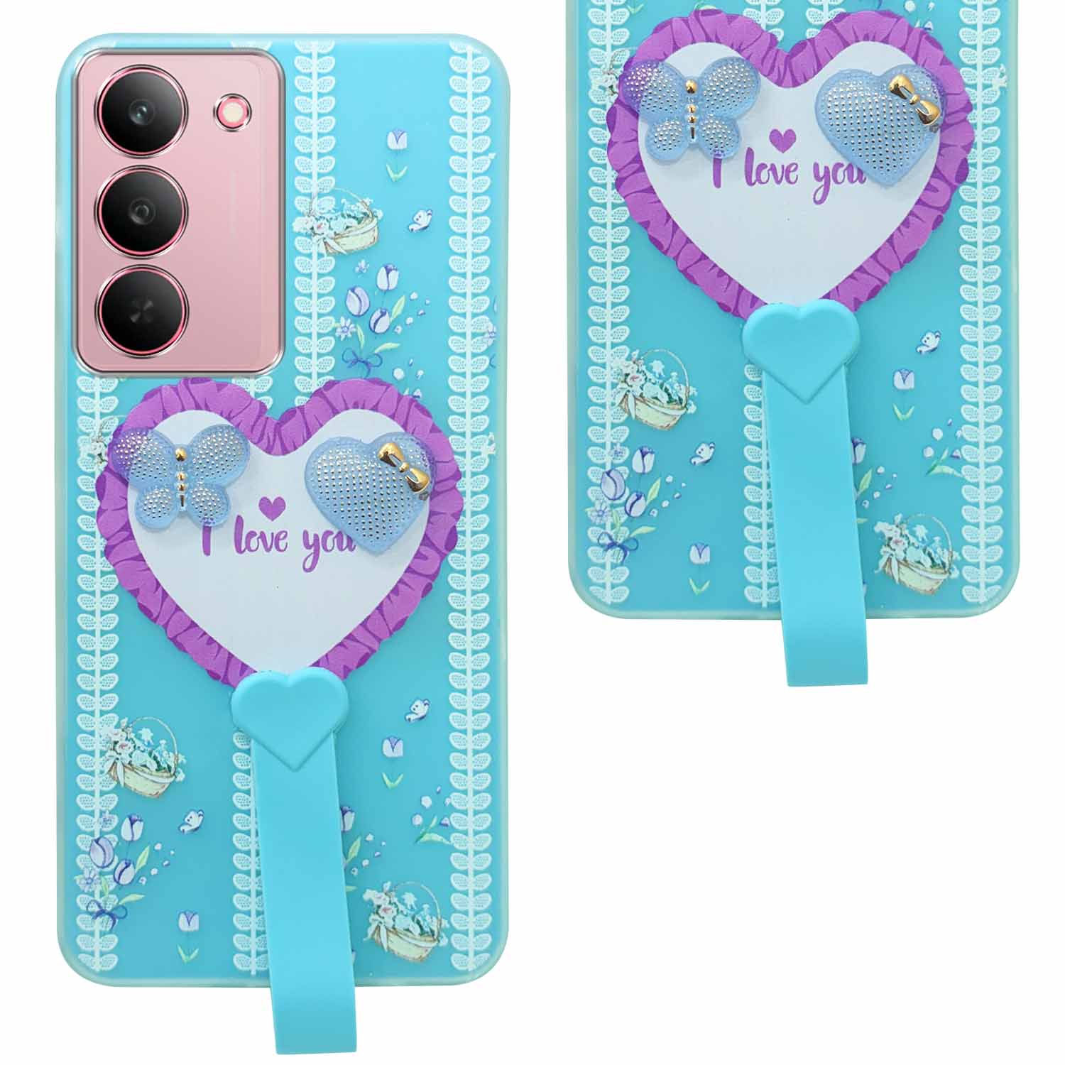 For Realme 14X Back Cover Case (3D Cute Heart Strap Holder | Camera Protection | Designer Girls Print)