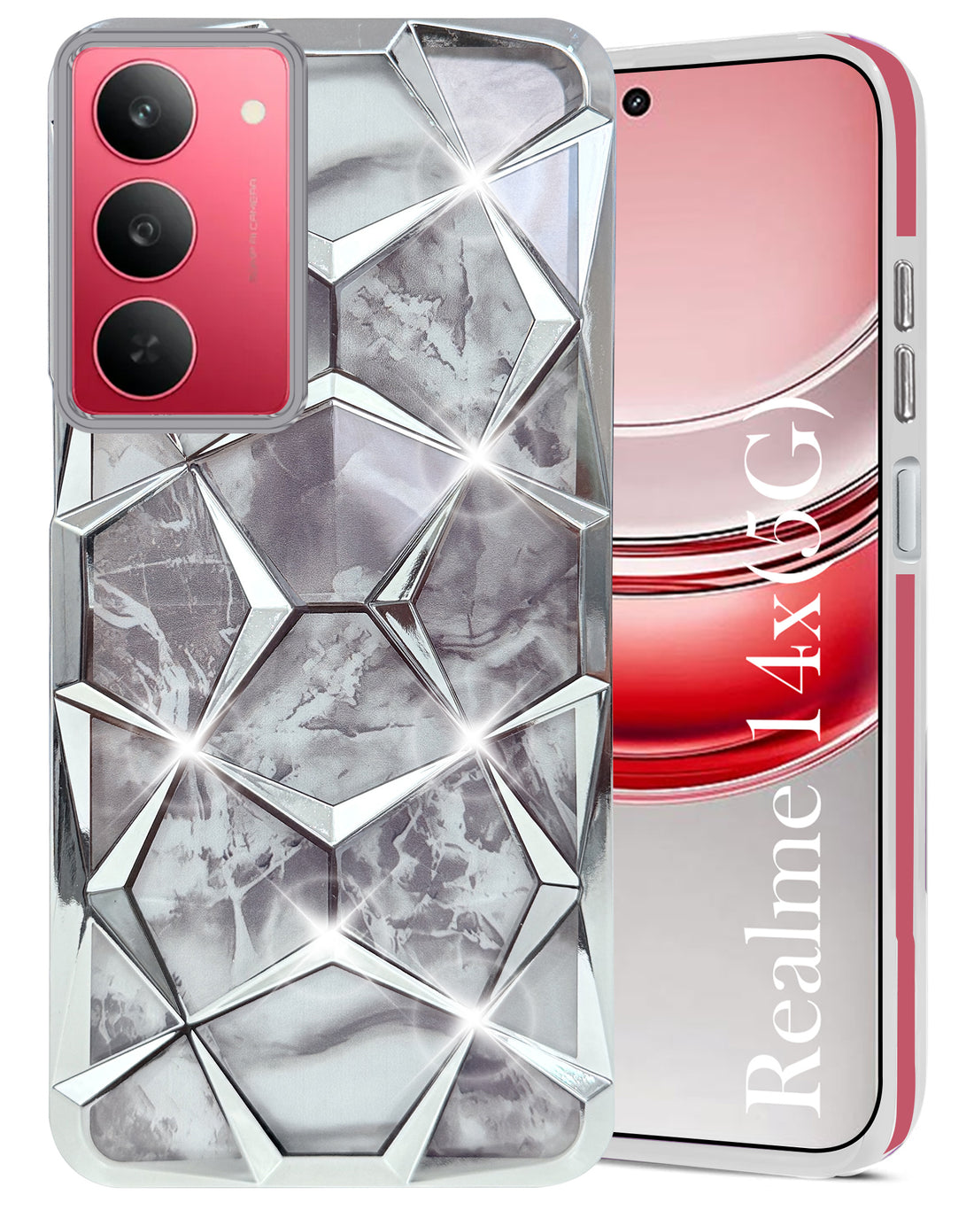 For Realme 14X Back Cover Case Girls (Dual Design Glitter Sparkle and Detachable Diamond Print Case | Soft and Flexible)