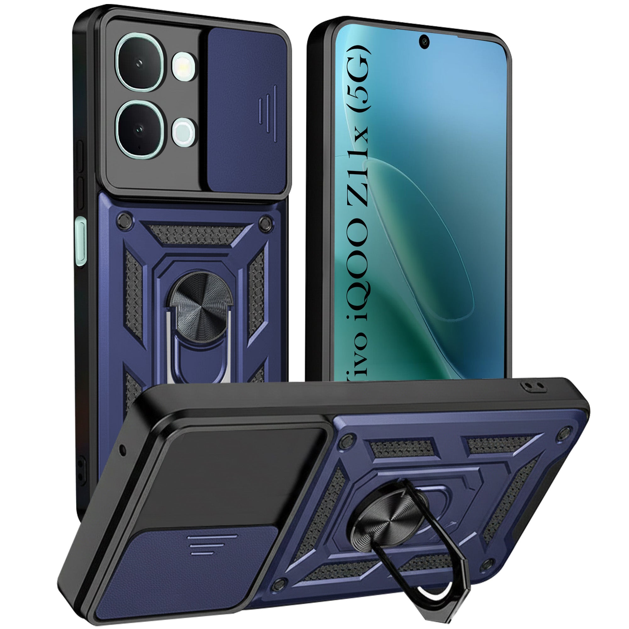 For Vivo iQOO Z11x 5G Back Cover Case Hybrid Armor (Sliding Shutter Camera Protection | Polycarbonate |Ring Holder Kickstand)