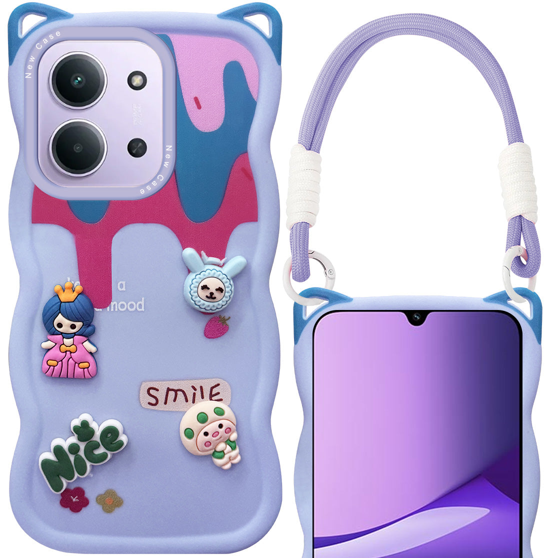 For Redmi 15C Back Case Cover (3D Embossed Figures | Strap Holder | 360* Soft Cushion with Camera Bump)