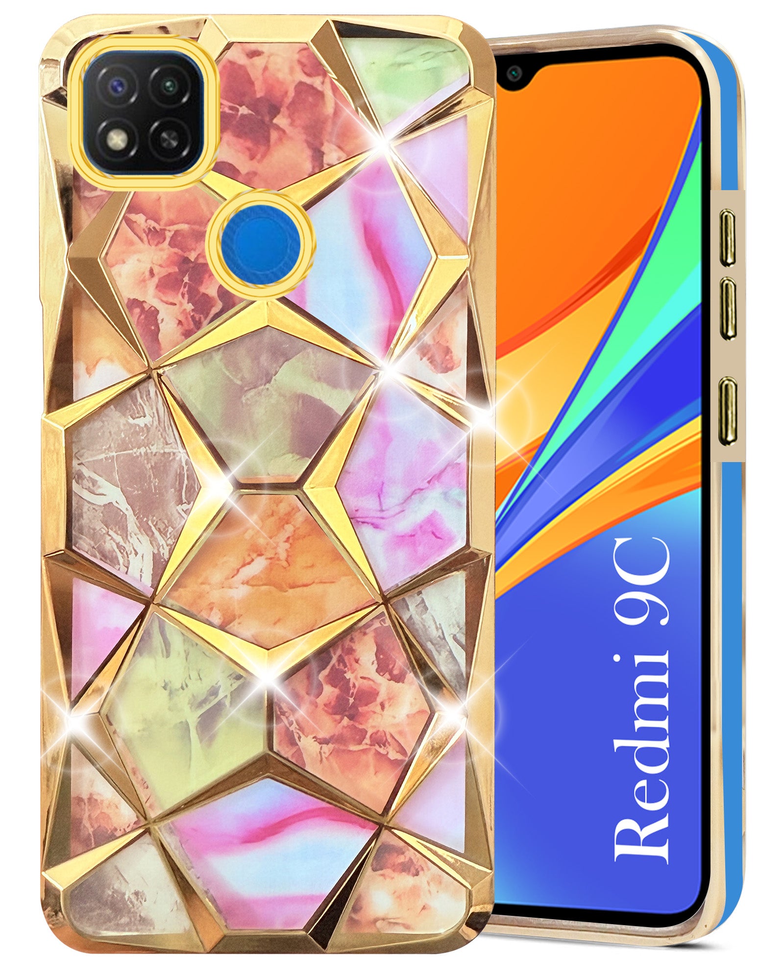 For Redmi 9C Back Cover Case (Dual Design Glitter Sparkle and Detachable Diamond Print Case | Soft and Flexible)