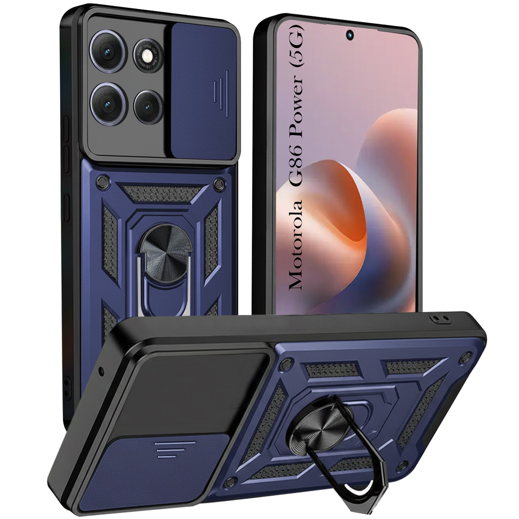 For Motorola Moto G86 Power Back Cover Case Hybrid Armor (Sliding Shutter Camera Protection | Polycarbonate |Ring Holder Kickstand)
