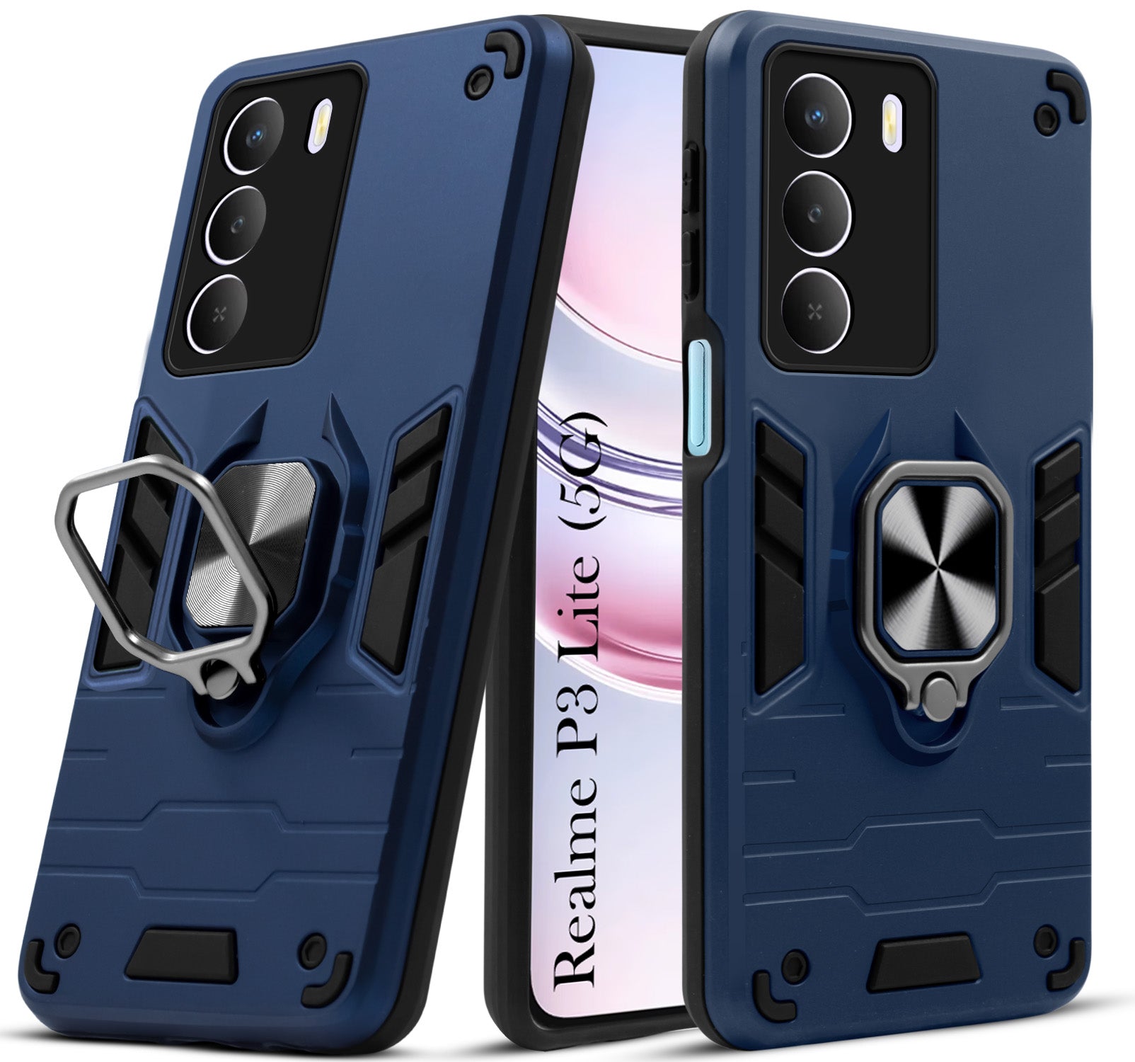 For Realme P3 Lite Hybrid Armor Back Cover Case (Shockproof Dual Layer Polycarbonate |Ring Holder Kickstand)