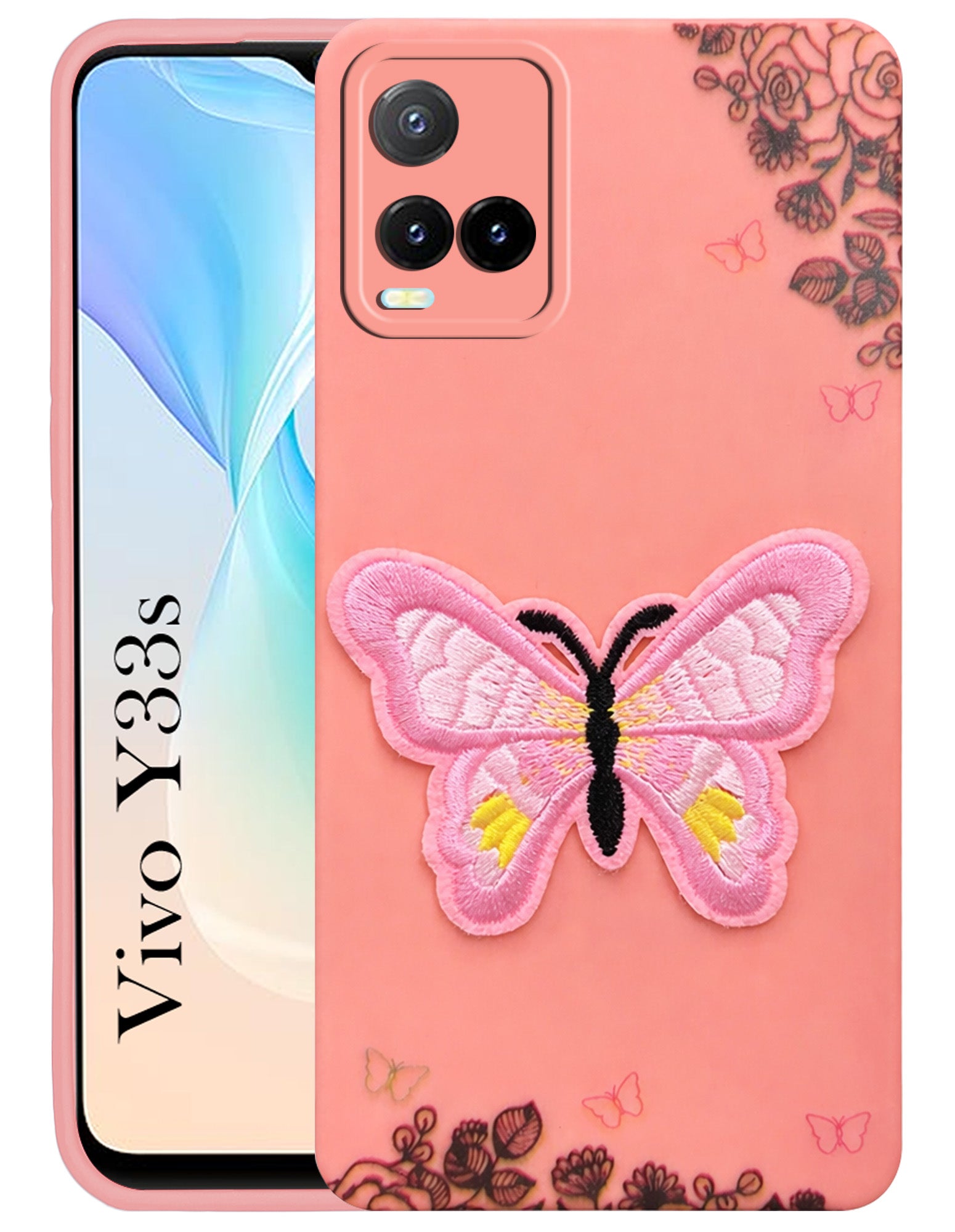 For Vivo Y33s Back Cover Case (Soft Butterfly Embroidery | Women Teen Girls | Camera Protection| Matte Silicone)