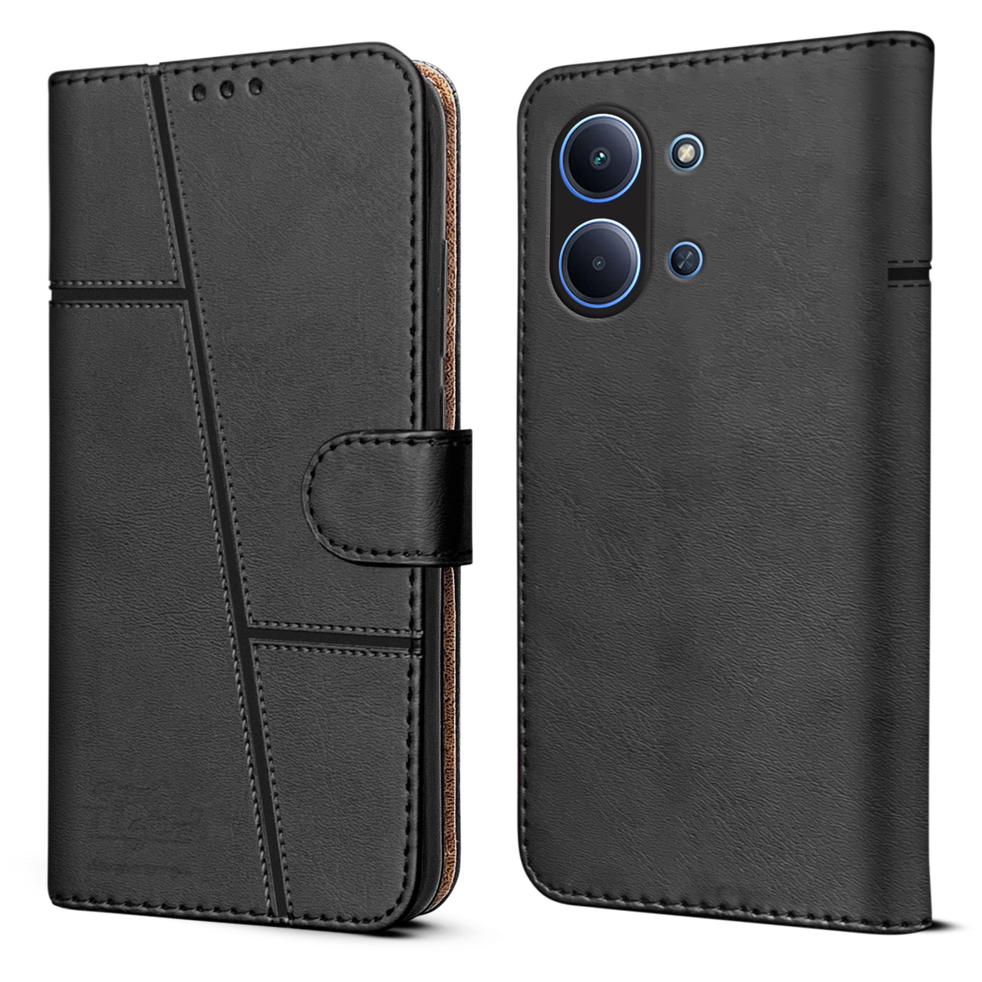 For Redmi 15C Flip Cover Case (Stitched Leather with Magnetic Closure | Black)