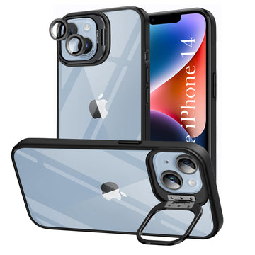 For Apple iPhone 14 Back Cover Case (Camera Lens Glass | Metal Stand Holder | Shockproof Hybrid | Anti Yellow |)