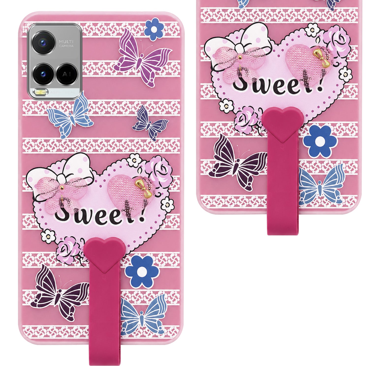 For Vivo Y21e | Vivo Y21A | Vivo Y32 Back Cover Case (3D Cute Heart Strap Holder | Camera Protection | Designer Girls Print)