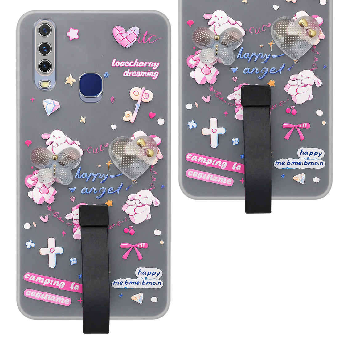 For Vivo Y12 | Y15 | Y17 Back Cover Case (3D Cute Heart Strap Holder | Camera Protection | Designer Girls Print)