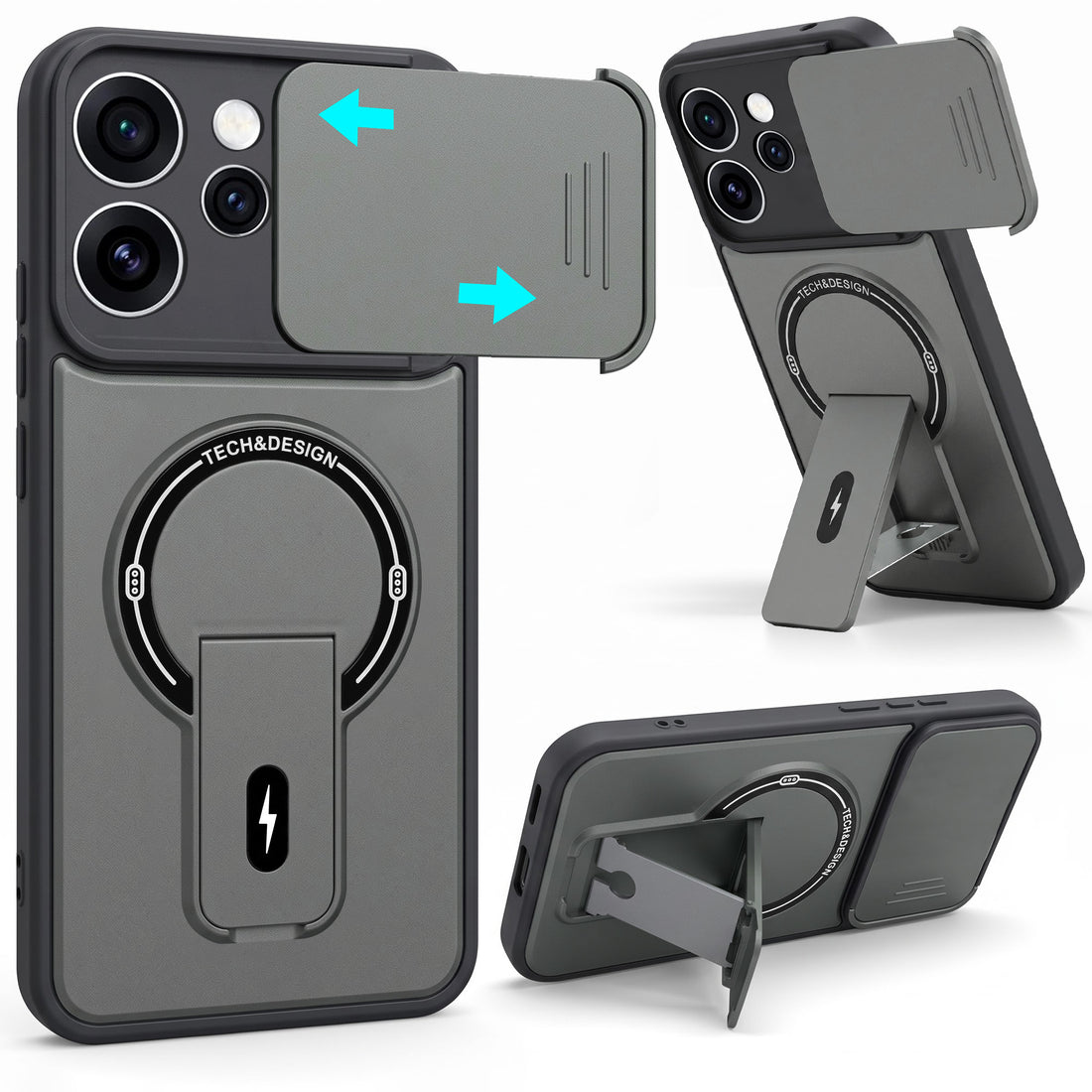 For Oppo Reno15 Pro Mini 5G | Reno 15 Pro Mini Back Case Cover Metallic (Hybrid Armor Kickstand | Sliding Shutter Camera Protection | MagSafe Compatible)