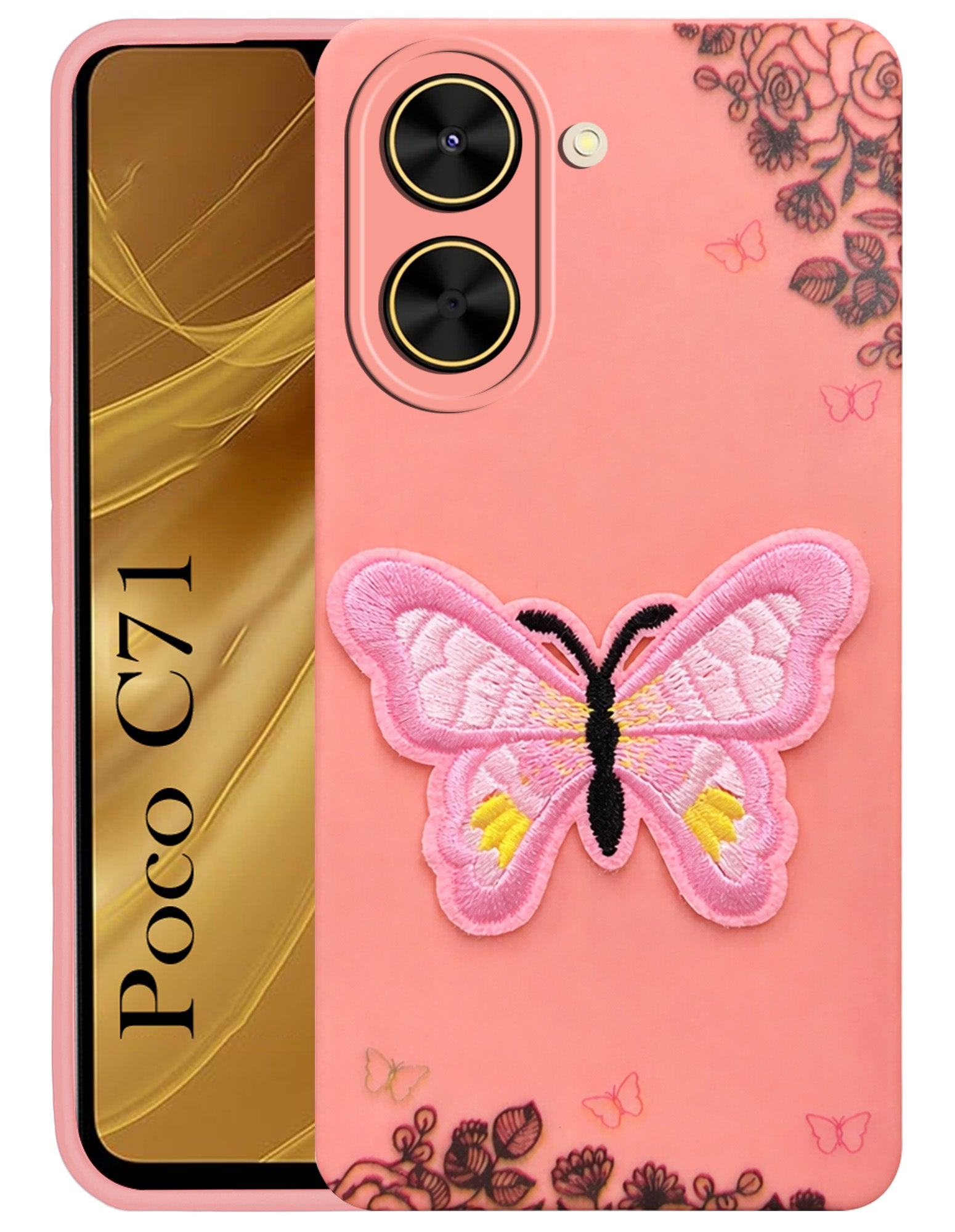 For Poco C71 Back Cover (Soft Butterfly Embroidery | Women Teen Girls | Camera Protection| Matte Silicone)