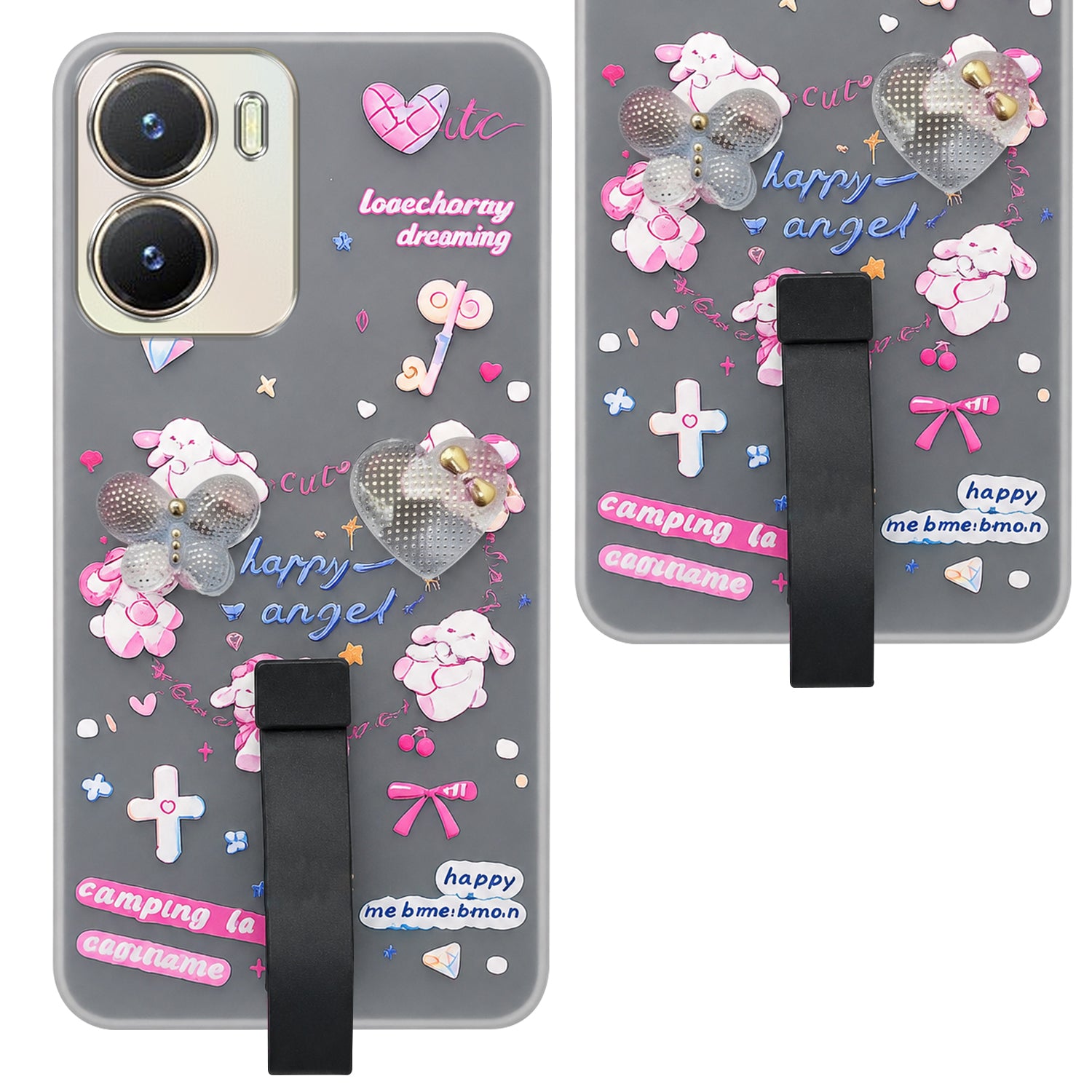 For Vivo T2x Back Cover Case (3D Cute Heart Strap Holder | Camera Protection | Designer Girls Print)