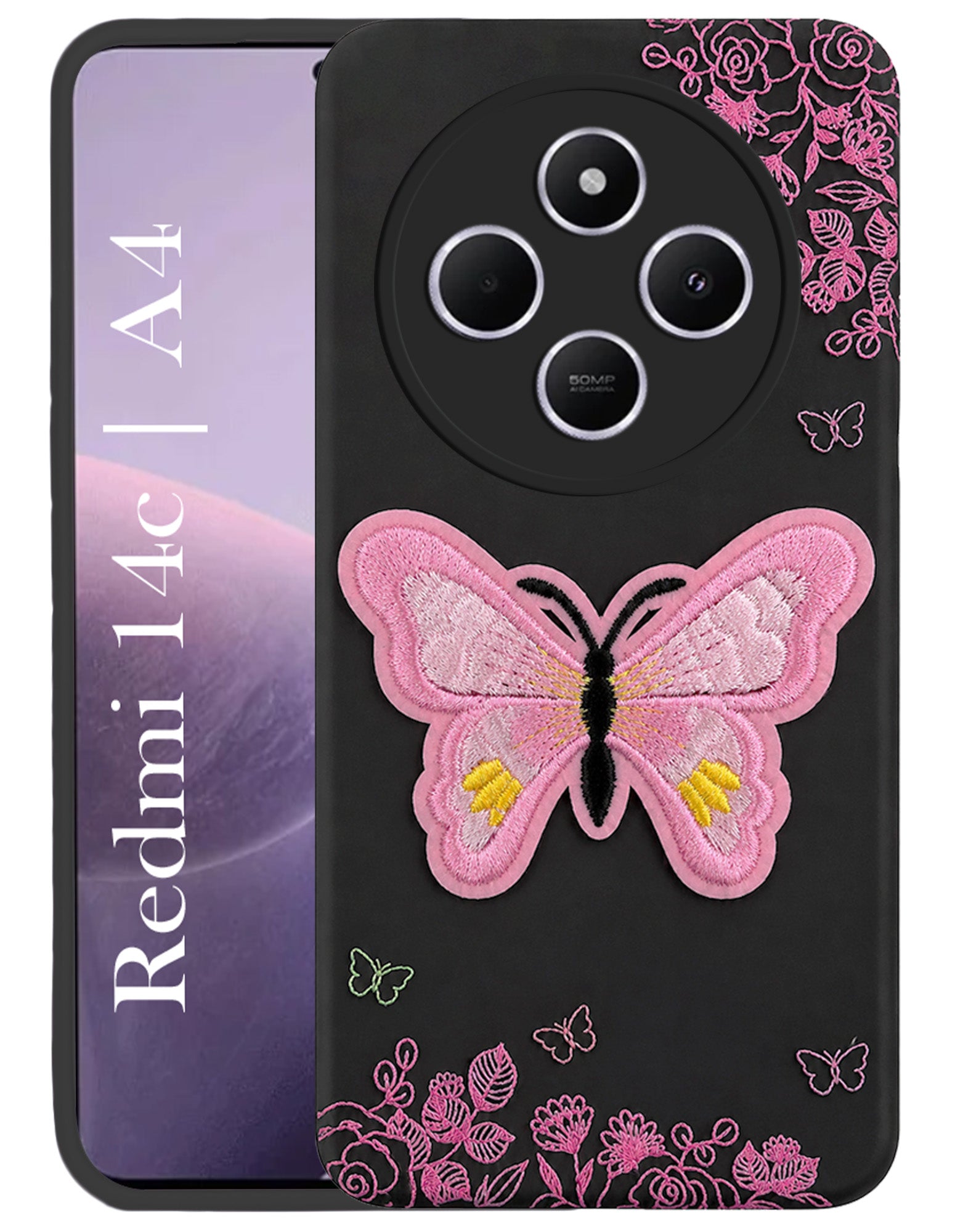 For Redmi A4 5G | Xiaomi Redmi 14C Back Cover Case (Soft Butterfly Embroidery | Women Teen Girls | Camera Protection| Matte Silicone)