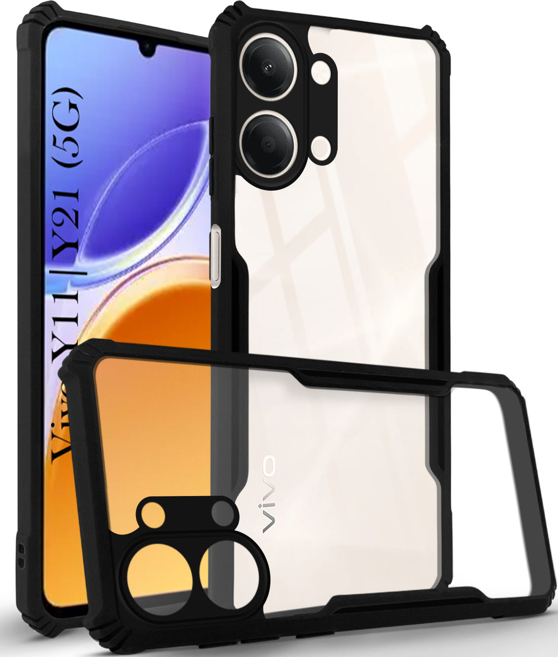 For Vivo Y11 | Vivo Y21 5G Back Cover Case Hybrid  (Shockproof with Polycarbonate Clear Panel | Professional Black)