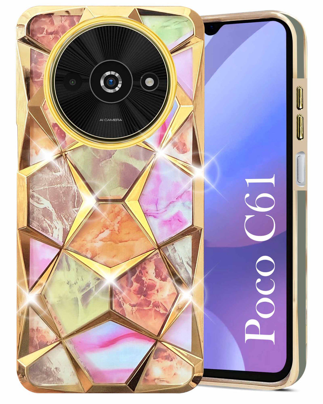 For Xiaomi Poco C61 Back Cover Case ( Dual Design Glitter Sparkle and Detachable Diamond Print Case | Soft and Flexible)