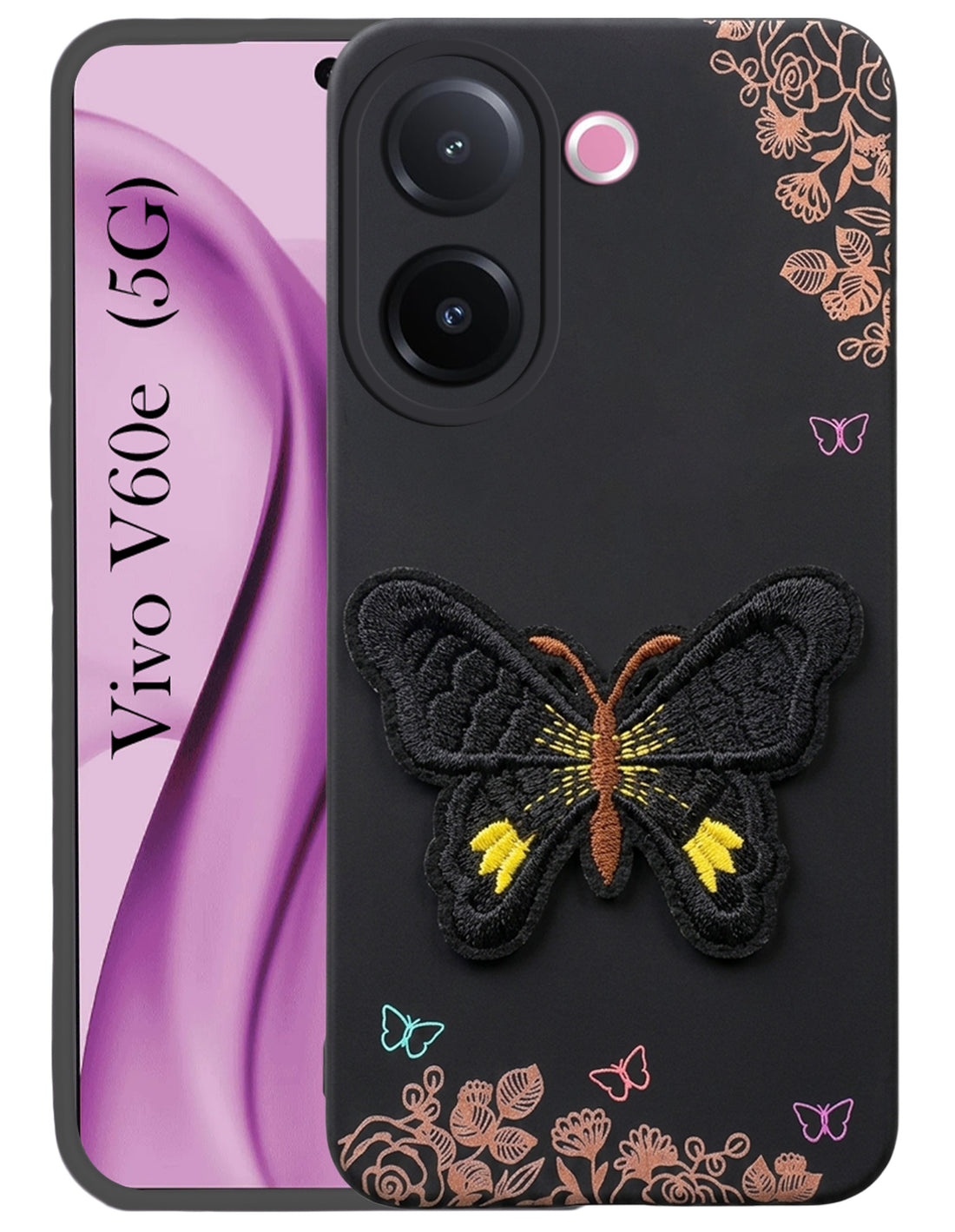 For Vivo V60e Back Cover Case (SoFt Butter Fly Embroidery | Women Teen Girls | Camera Protection| Matte Silicone)