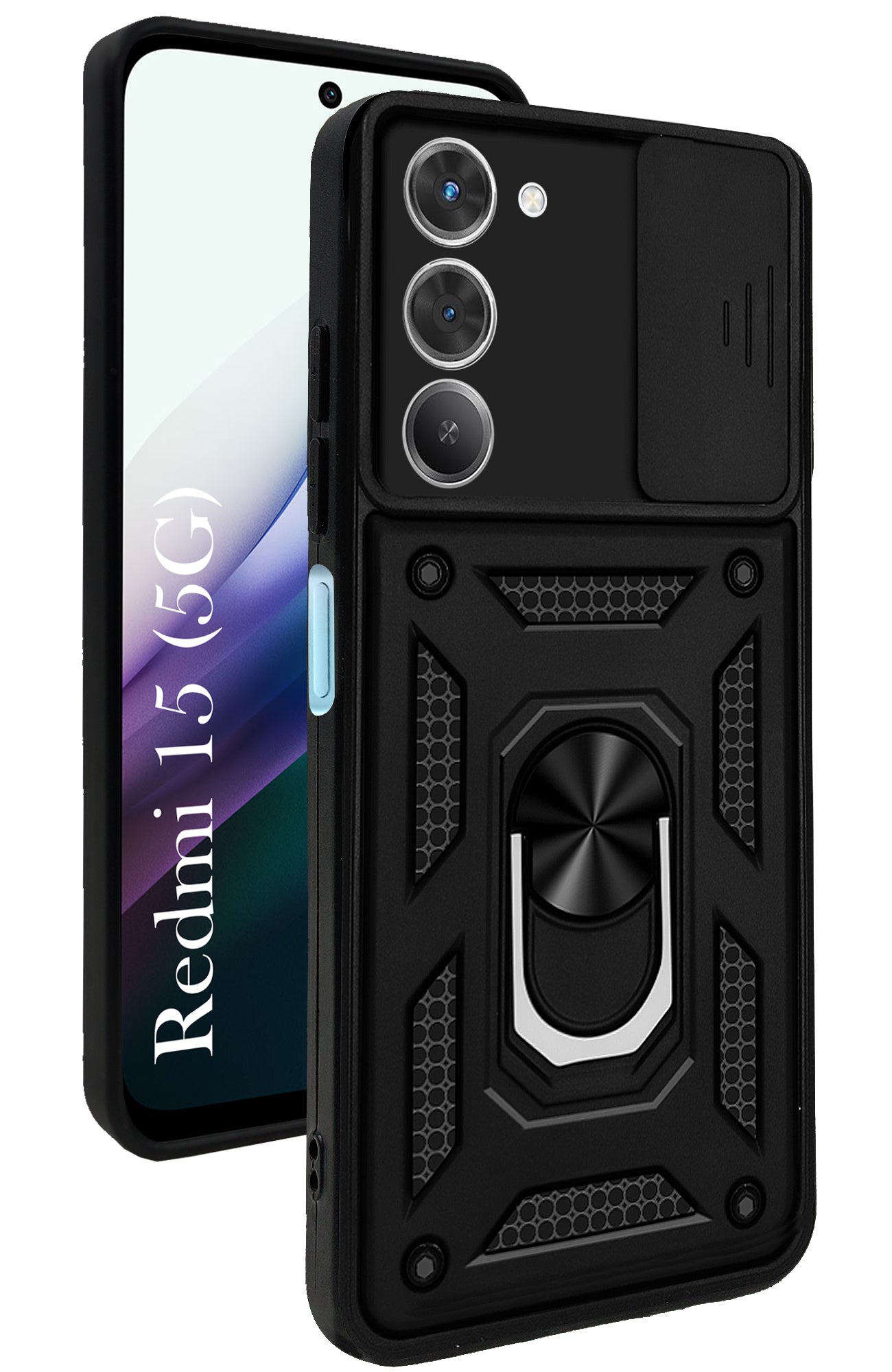 For Redmi 15  Back Cover Case (Sliding Shutter Camera Protection | Polycarbonate |Ring Holder Kickstand)