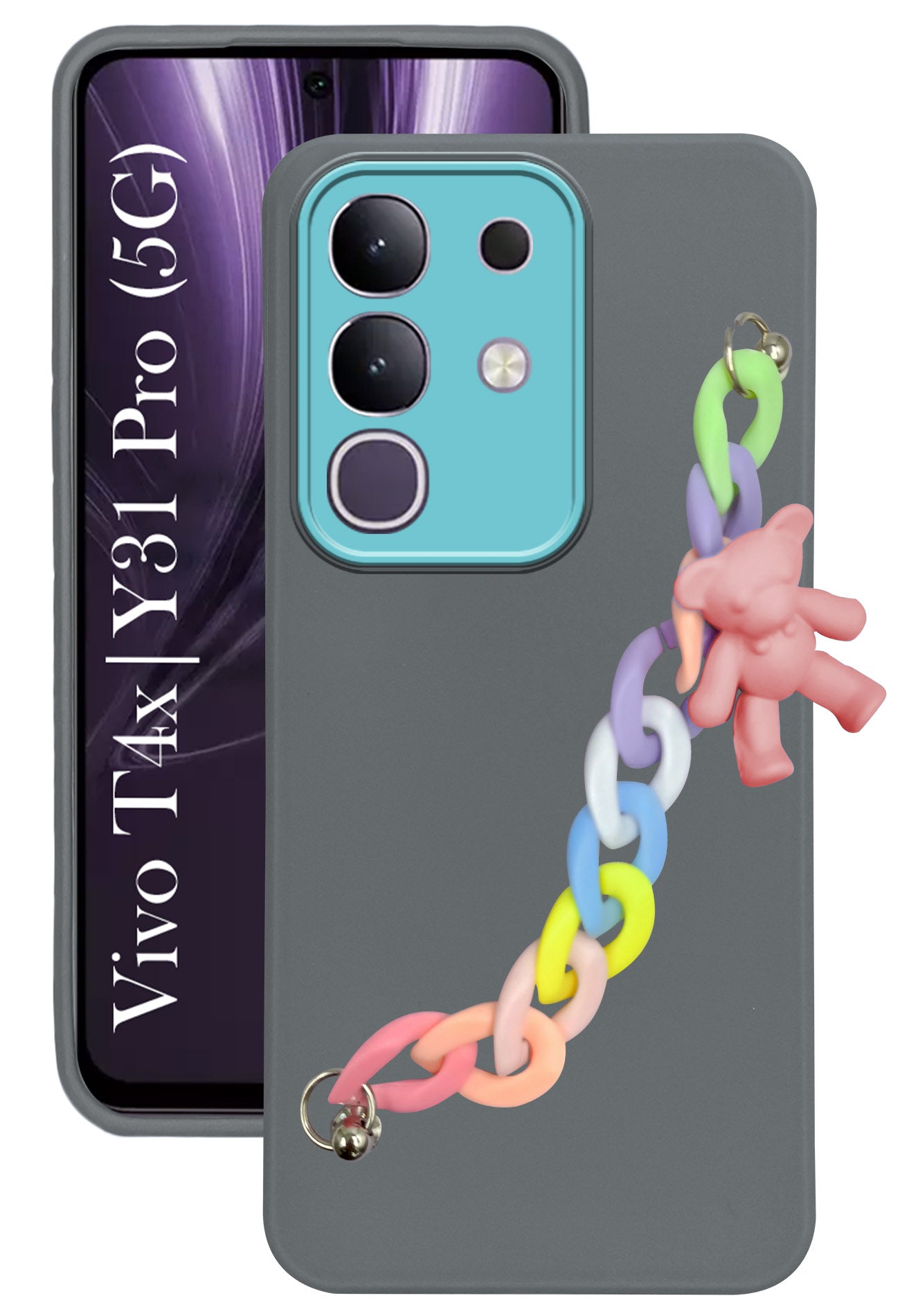 For Vivo T4x | Vivo Y31 Pro Back Cover Case ( Wrist Hanging Chain | Teddy Bracelet Charms | Dual Color Matte Finish | Full Camera Protection | Sleek and Professional)
