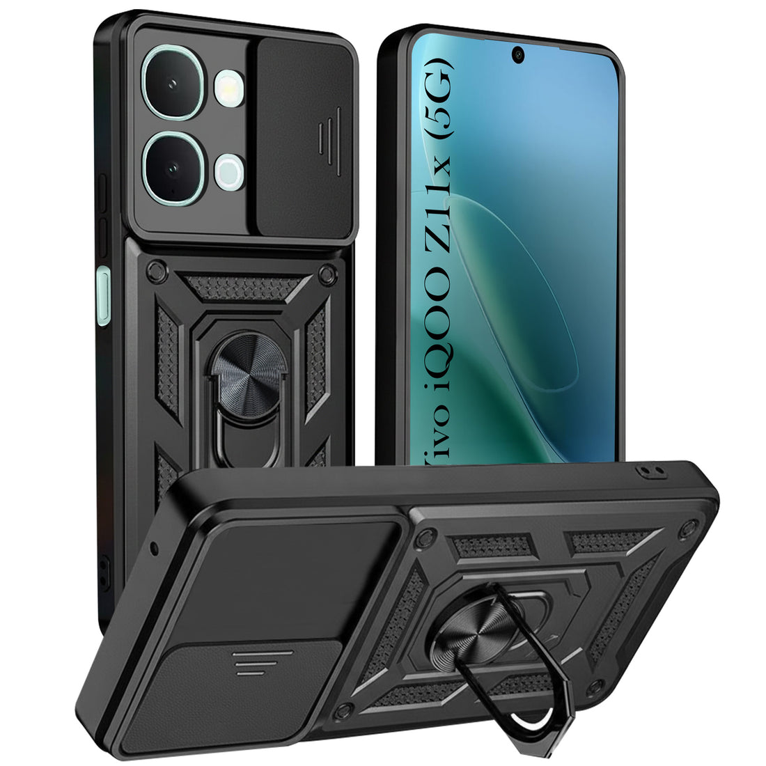 For Vivo iQOO Z11x 5G Back Cover Case Hybrid Armor (Sliding Shutter Camera Protection | Polycarbonate |Ring Holder Kickstand)
