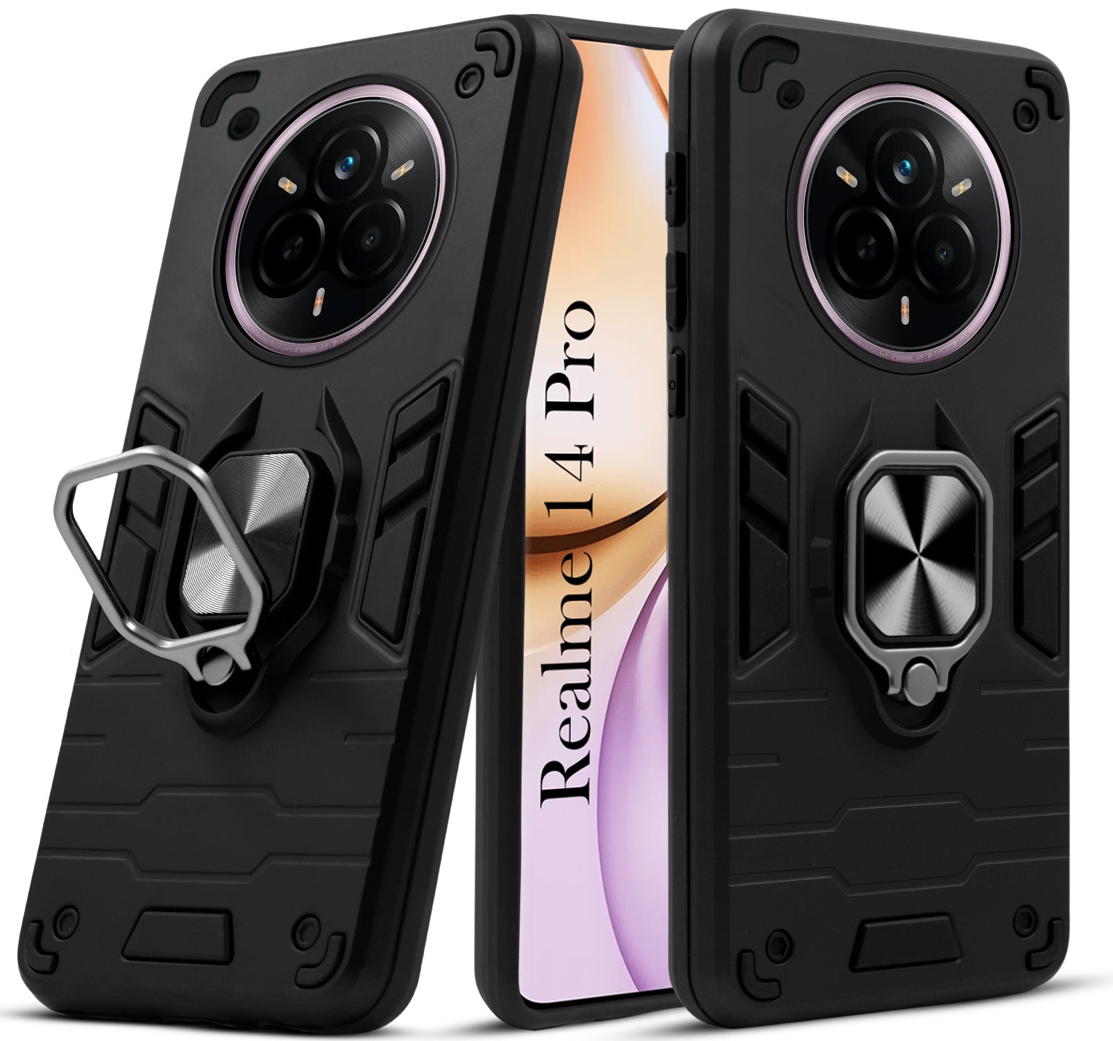 For Realme 14 Pro Back Cover Case (Shockproof Dual Layer Polycarbonate |Ring Holder Kickstand)