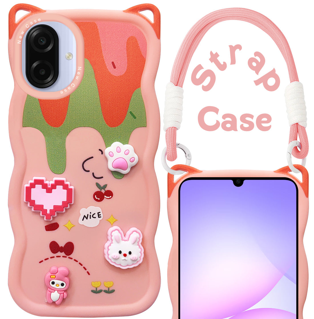 For Samsung Galaxy A07 | F70e 5G Strap Back Case Cover (3D embossed Figures | Strap Holder | 360* Soft Cushion with Camera Bump)