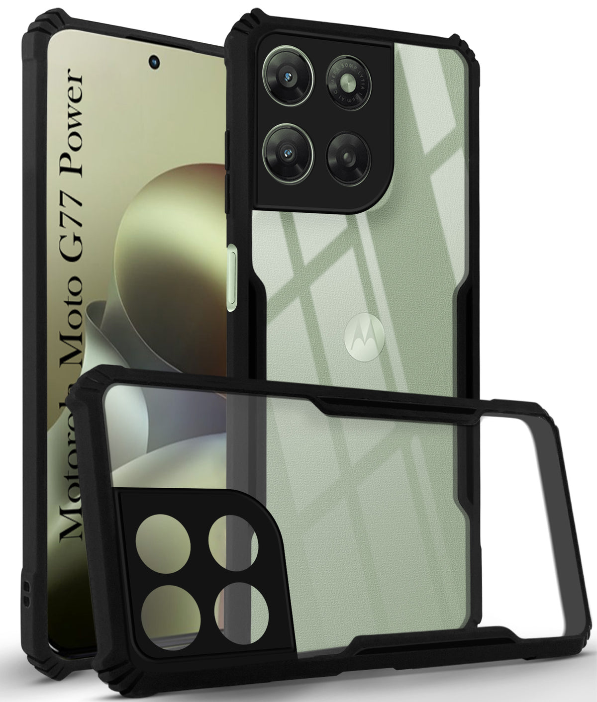 For Motorola Moto G77 Power Back Cover Case Hybrid (Shockproof with Polycarbonate Clear Panel | Professional Black)