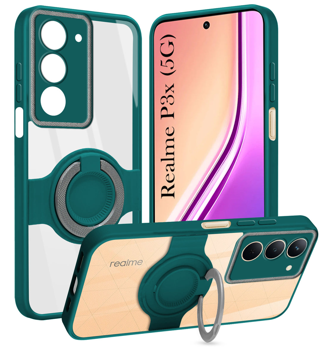 For Realme P3x Back Cover Case with stand (Built-in Ring Holder Kickstand | Lifetime Anti Yellow | Camera Protection)