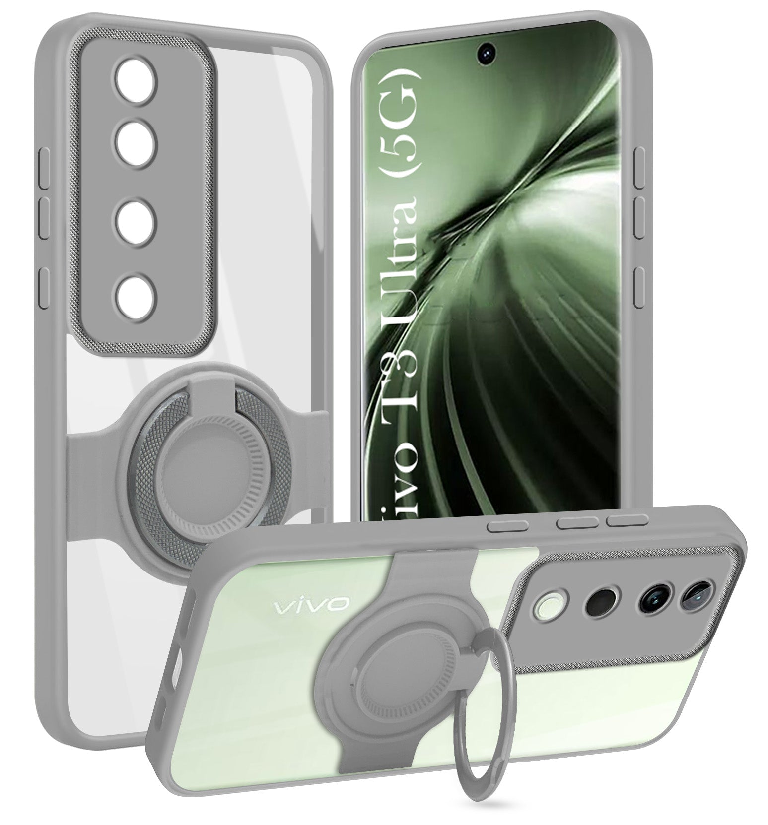 For Vivo T3 Ultra Back Cover Case with stand (Built-in Ring Holder Kickstand | Lifetime Anti Yellow | Camera Protection)