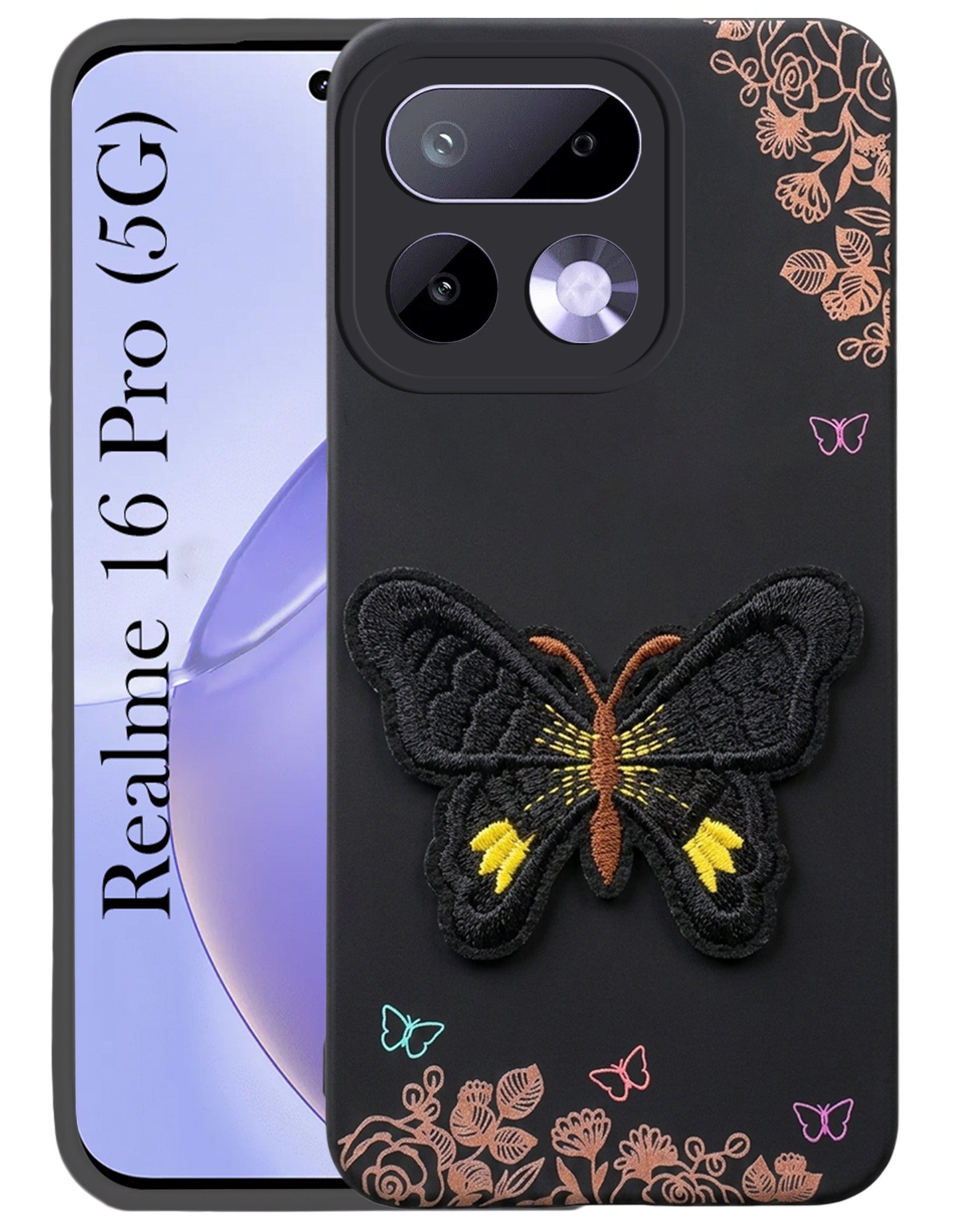 For Realme 16 Pro Back Cover Case (Soft Butterfly Embroidery | Women Teen Girls | Camera Protection| Matte Silicone)