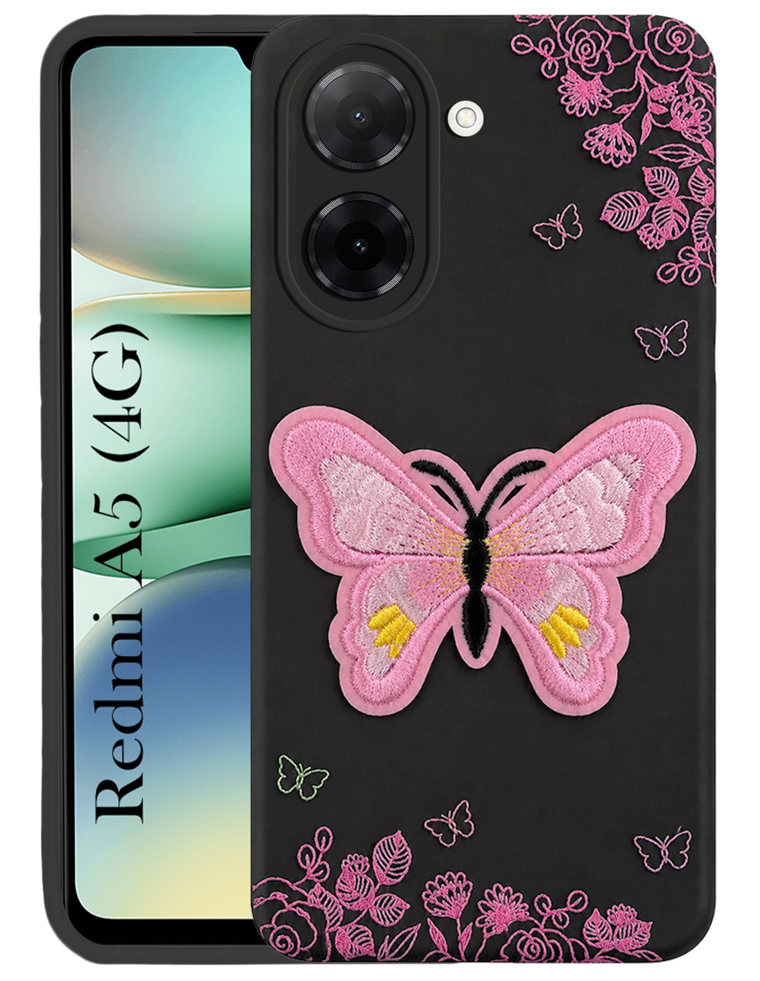 For Redmi A5 4G Back Cover Case (Soft Butterfly Embroidery | Women Teen Girls | Camera Protection| Matte Silicone)
