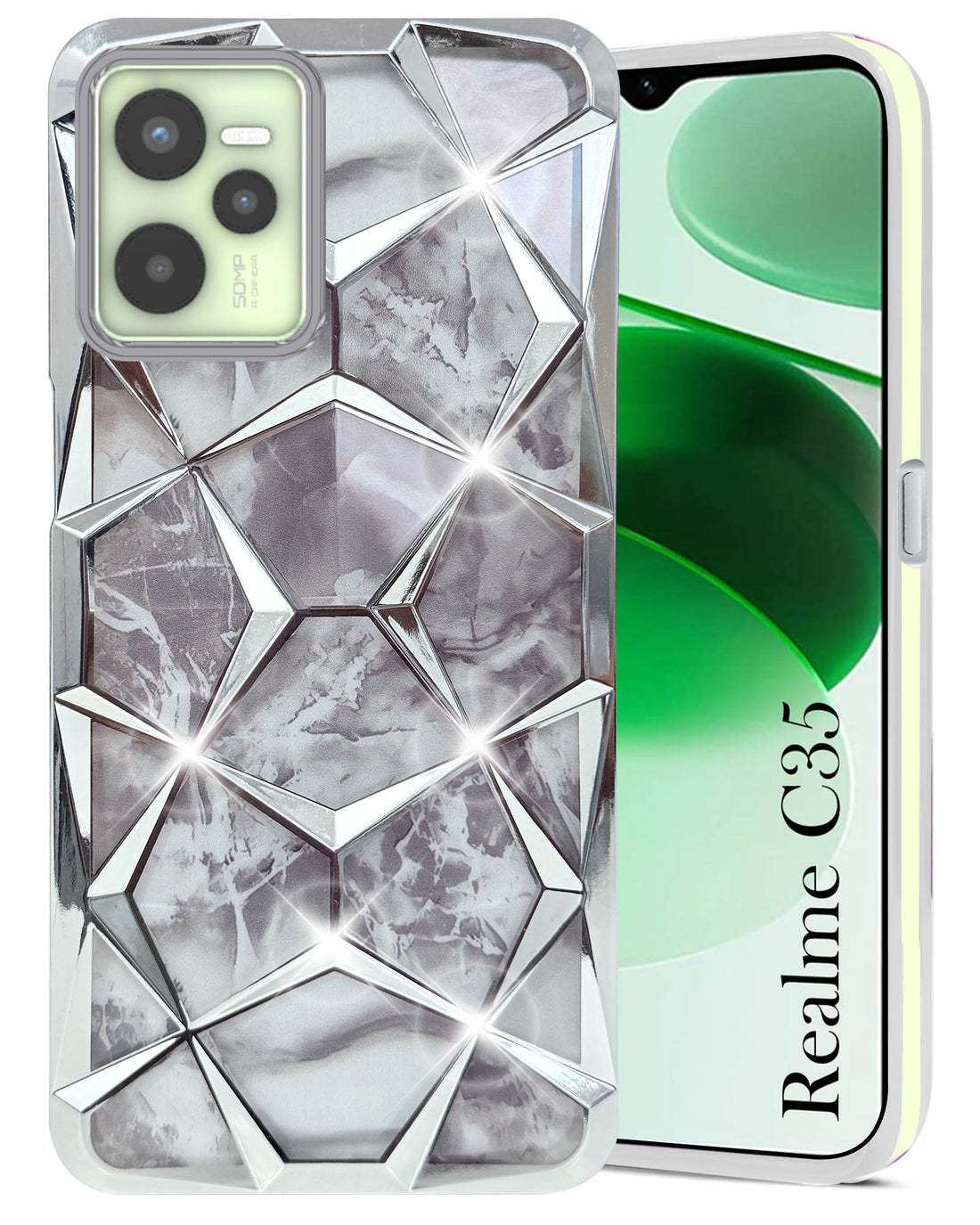 For Realme C35 Back Cover Case (Dual Design Glitter Sparkle and Detachable Diamond Print Case | Soft and Flexible)