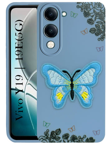 For Vivo Y19 | Vivo Y19e | Vivo T4 Lite Back Cover Case (Soft Butterfly Embroidery | Women Teen Girls | Camera Protection| Matte Silicone)