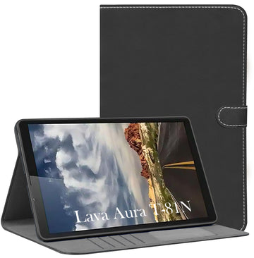 For Lava Aura T81N 8 Inch Flip Cover Folio Case (PU Matte Leather | Multi-Angle Smart Stand | Card Storage Slots | Silicone Back Pouch)