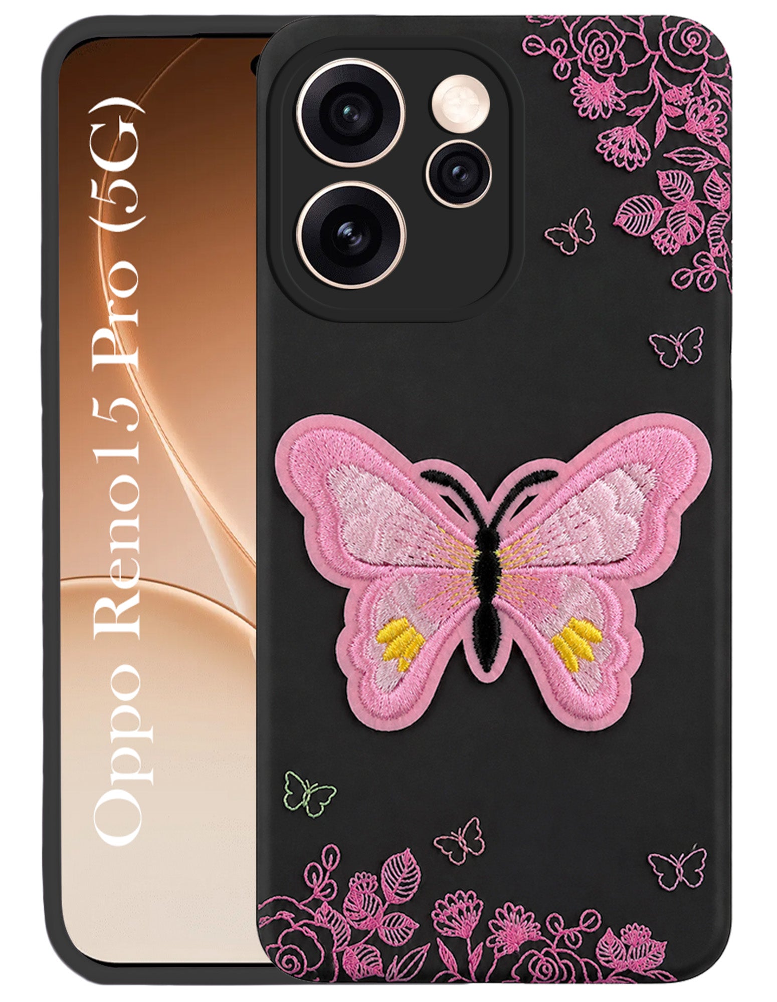 For Oppo Reno15 Pro 5G | Oppo Reno 15 Pro 5G Back Cover Case (Soft Butterfly Embroidery | Women Teen Girls | Camera Protection| Matte Silicone)