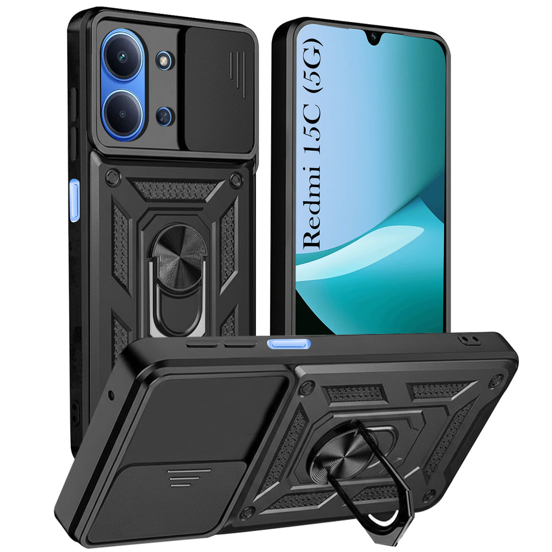For Redmi 15C Back Cover Case Hybrid Armor (Sliding Shutter Camera Protection | Polycarbonate |Ring Holder Kickstand)