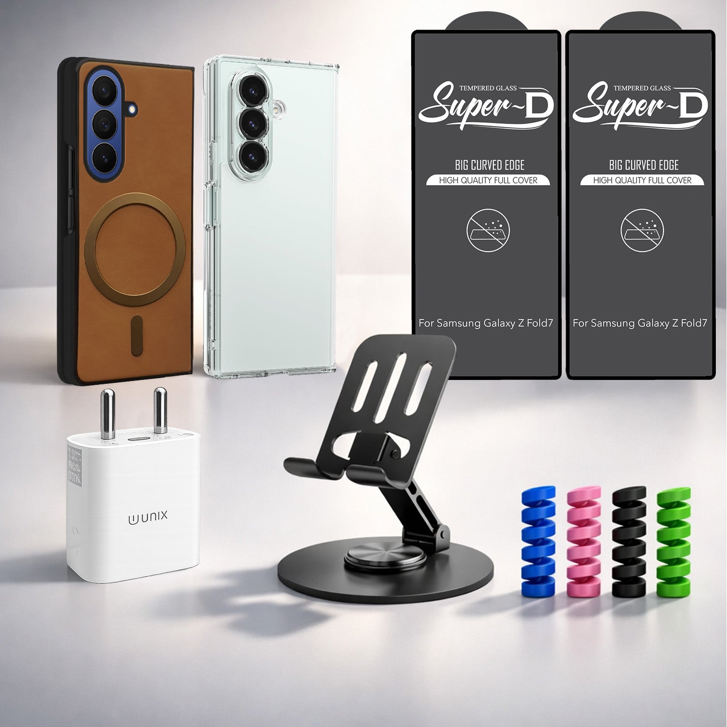 Complete Mobile Care Kit (Get Any 2 Cases+2 Tempered Glass+25W Charger Adapter+Metallic Mobile Stand+Cable Protector)