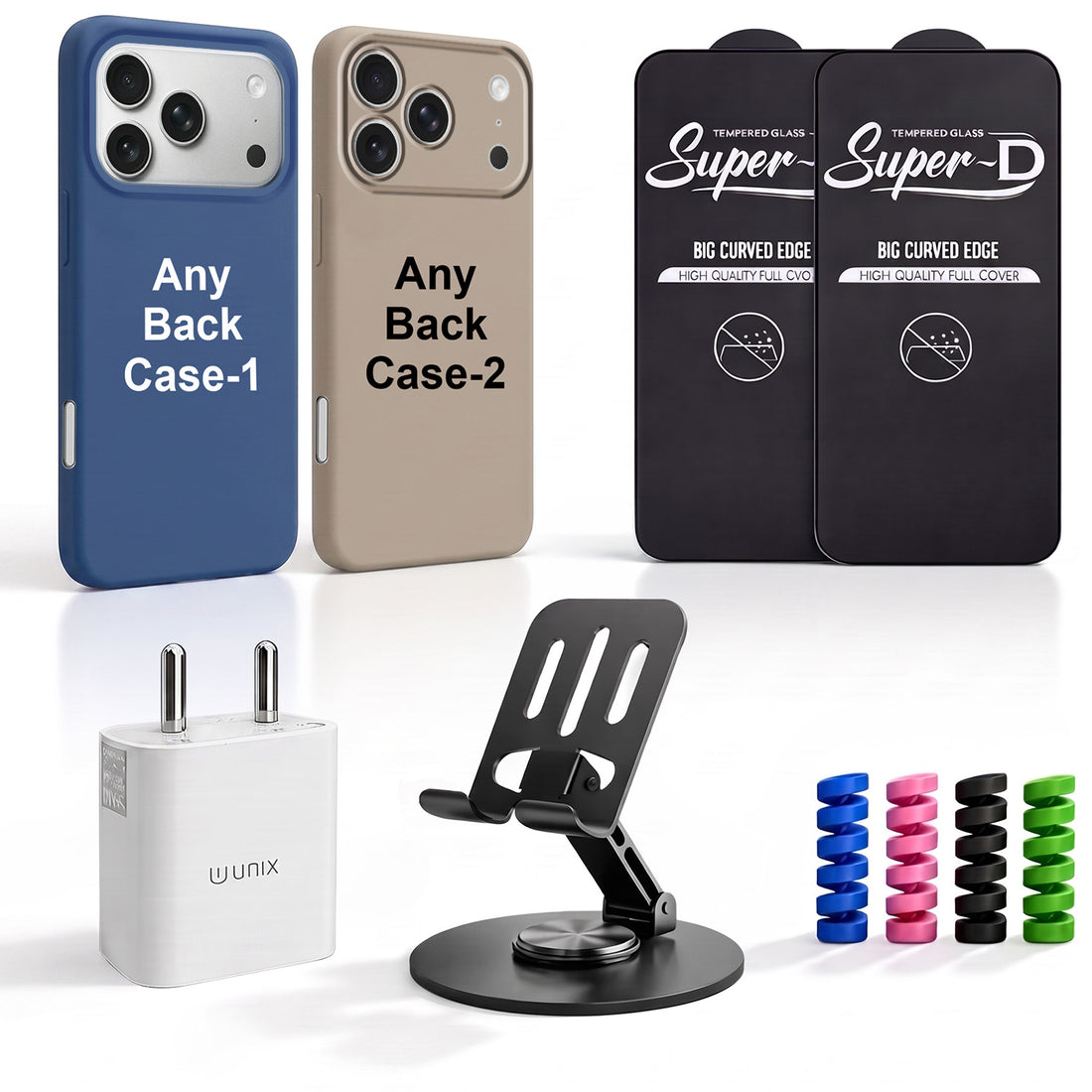 Complete Mobile Care Kit (Get Any 2 Cases+2 Tempered Glass+25W Charger Adapter+Metallic Mobile Stand+Cable Protector)