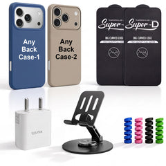 Complete Mobile Care Kit (Get Any 2 Cases+2 Tempered Glass+25W Charger Adapter+Metallic Mobile Stand+Cable Protector)